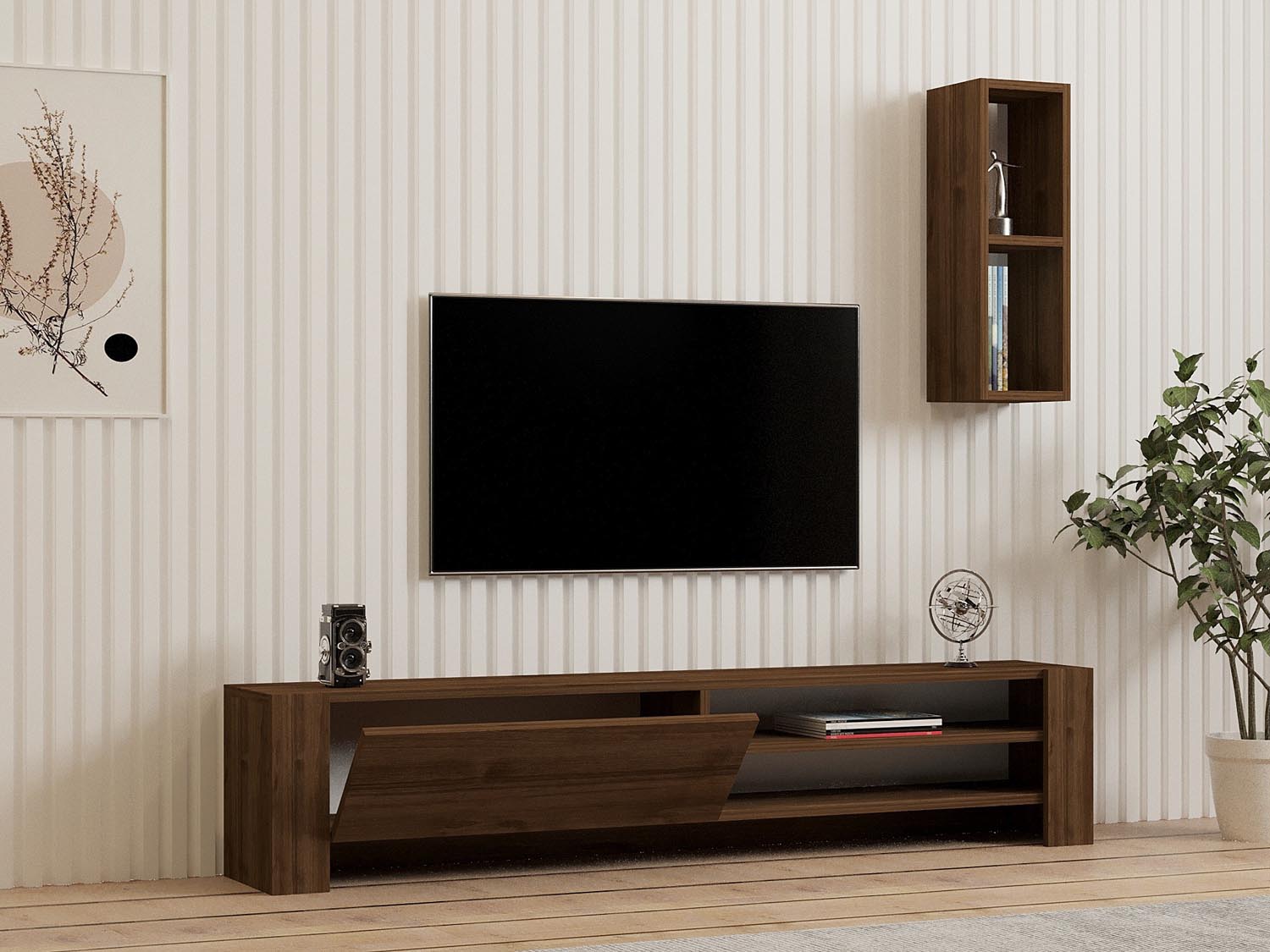 Entdecken Sie das Naz TV-Möbel in Walnuss von Hanah Home – eine perfekte Kombination aus skandinavischem Design, Eleganz und Funktionalität für Ihr Wohnzimmer.