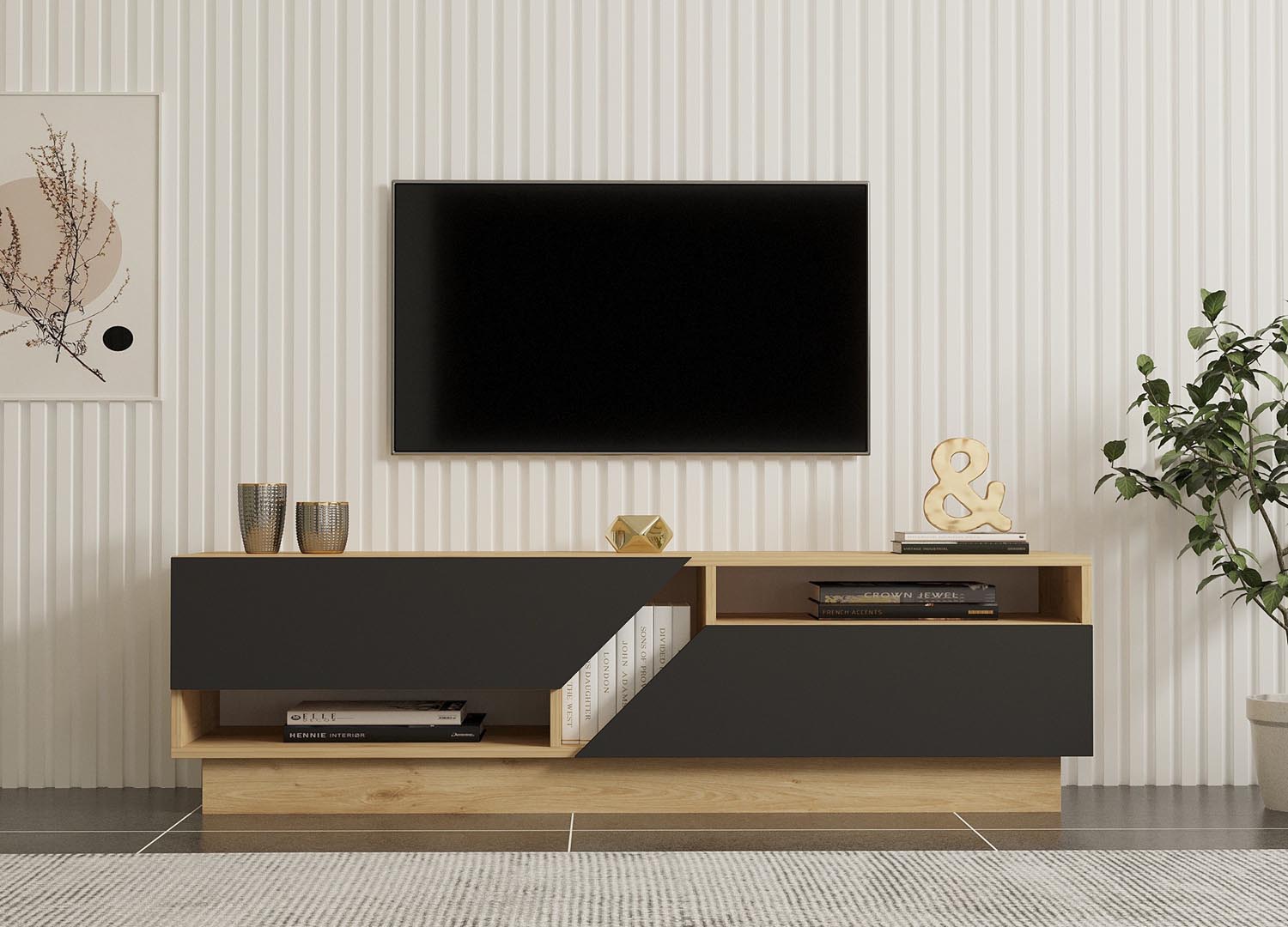 Gestalten Sie Ihr Zuhause mit dem Yaprak Sideboard in Saphir und Anthrazit von Hanah Home. Stilvolles Design trifft auf praktischen Stauraum für ein modernes Ambiente.