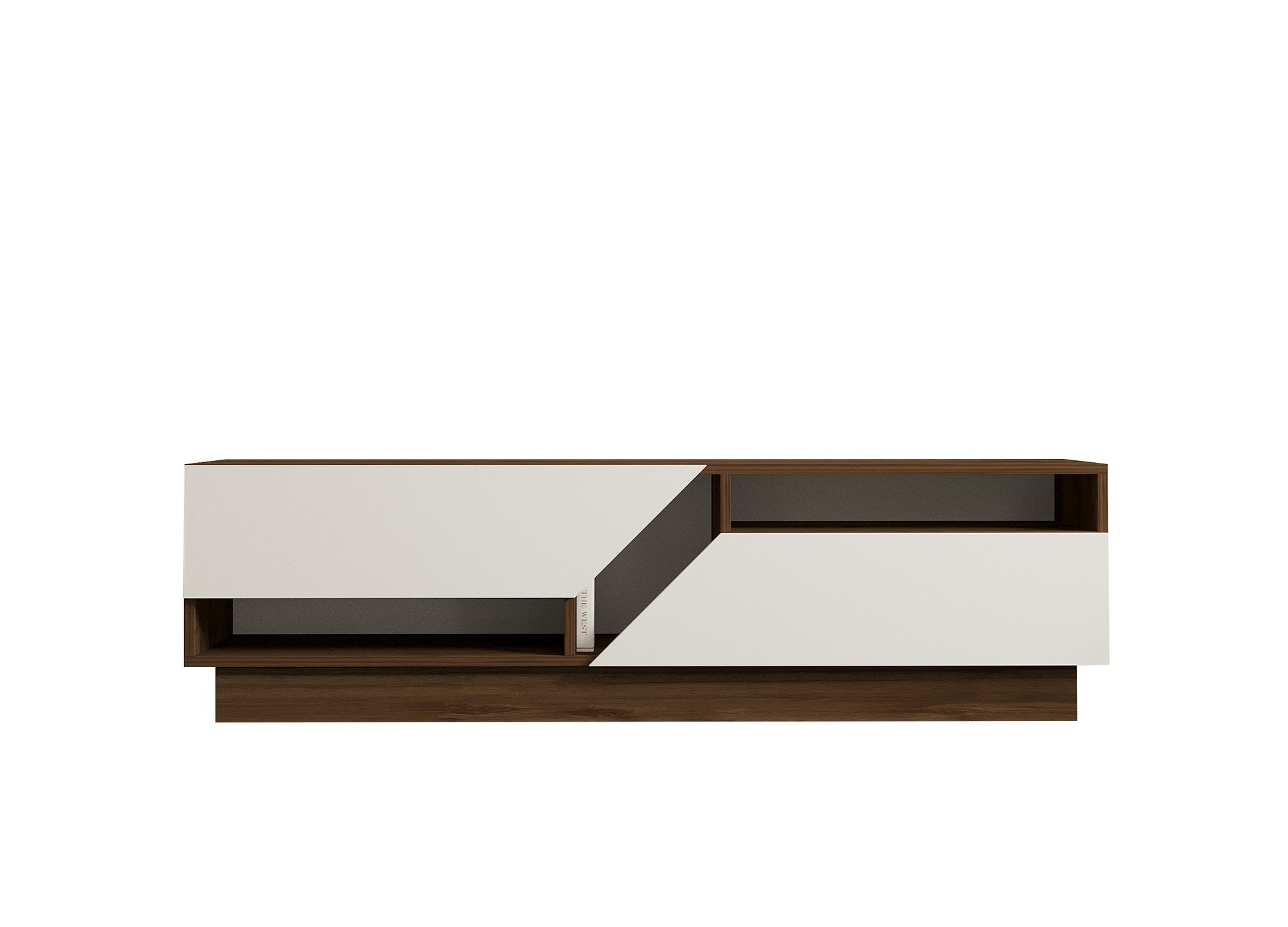 Verleihen Sie Ihrem Wohnzimmer mit dem Koza Sideboard von Hanah Home in Walnuss und Weiß einen Hauch von Eleganz und Stil – ideal für Ordnung und Design!