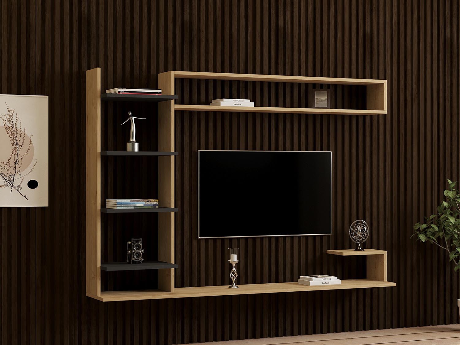 Entdecken Sie das elegante TV-Möbel Saphir in Anthrazit von Hanah Home. Stilvolles skandinavisches Design für Ihr Wohnzimmer.