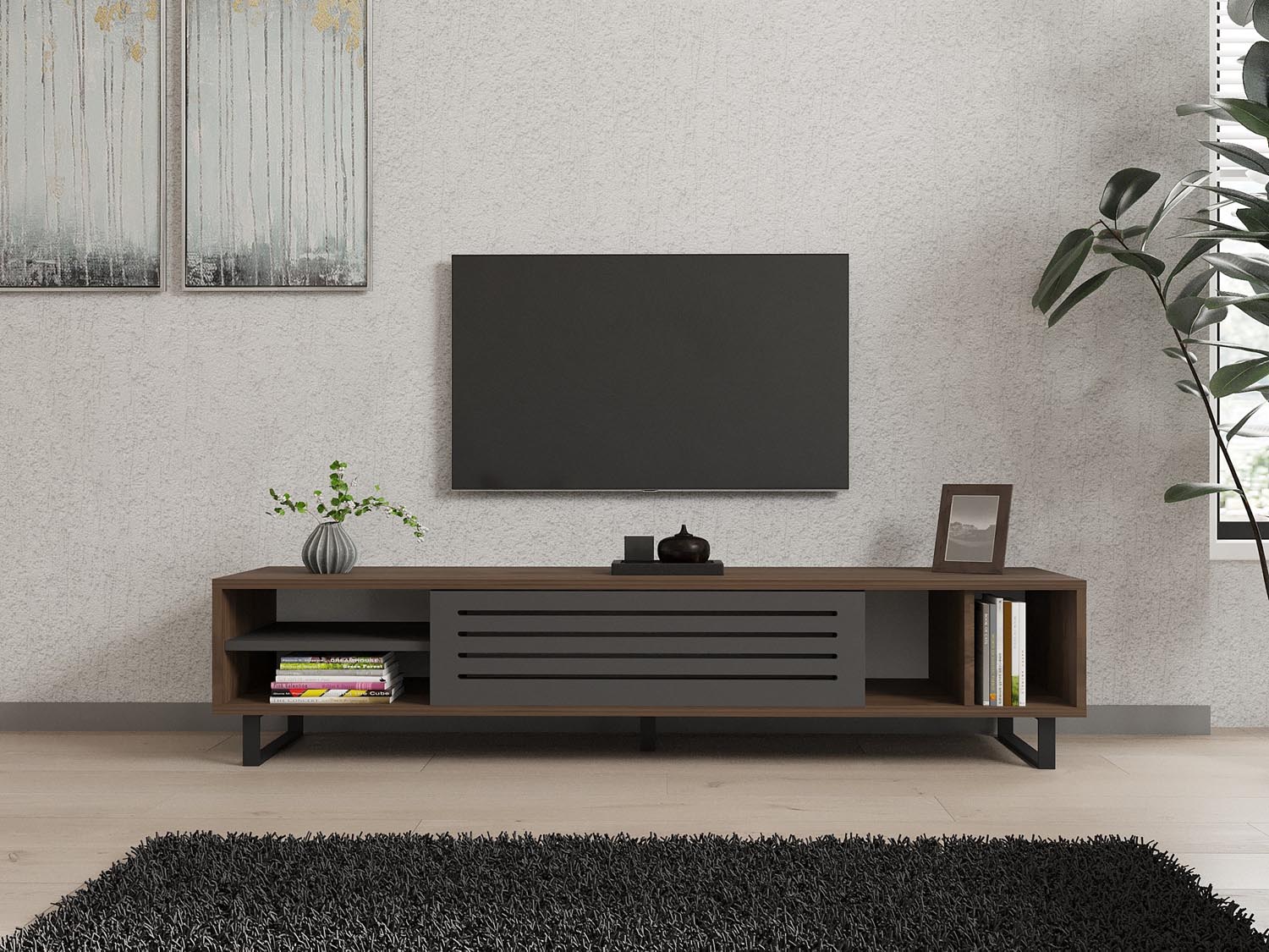 Verleihen Sie Ihrem Wohnraum mit dem Eray Sideboard von Hanah Home in Walnuss und Anthrazit einen Hauch von industriellem Chic und optimalem Stauraum.