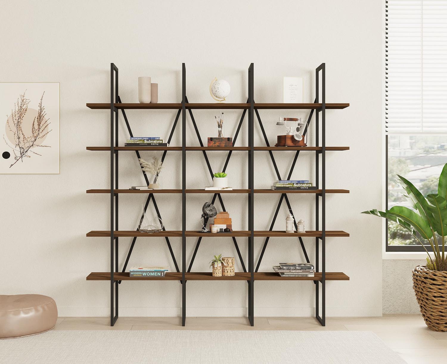 Gestalten Sie Ihr Zuhause neu mit dem Beylerbeyi Bücherregal in Walnuss Schwarz von Hanah Home – modern, funktional und ein echter Blickfang!