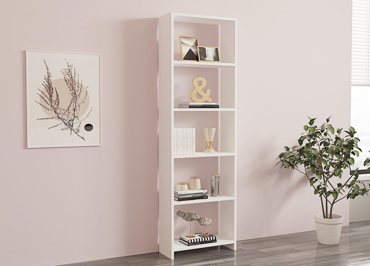 Entdecken Sie das elegante skandinavische Bücherregal in Weiß von Hanah Home. Ideal für stilvolle Aufbewahrung und modernes Wohnen.