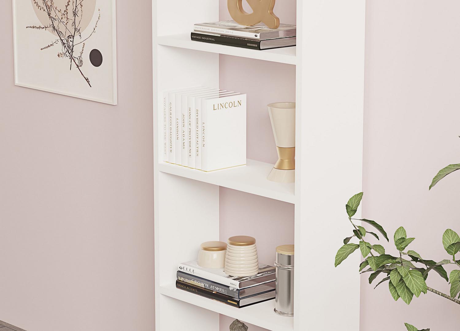 Gestalten Sie Ihr Zuhause mit dem eleganten weißen Bücherregal von Hanah Home. Ideal für stilvolle Akzente und praktischen Stauraum.