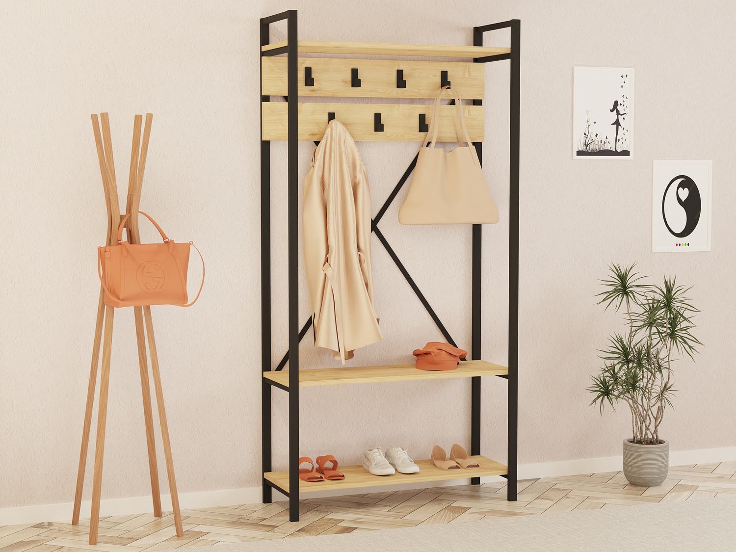 Entdecken Sie die elegante Alfa Garderobe - Saphir von Hanah Home. Stilvoller Dielenständer für einen einladenden Eingangsbereich.