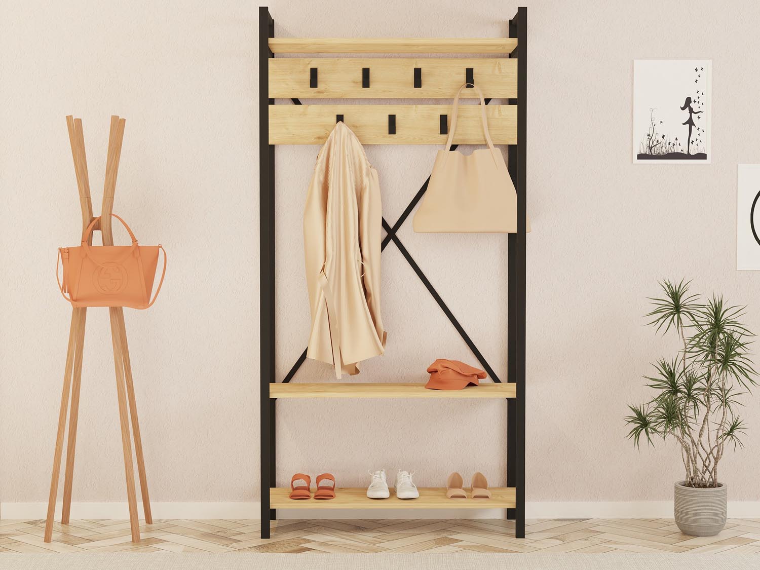 Verleihen Sie Ihrem Eingangsbereich mit der Alfa Garderobe - Saphir von Hanah Home einen Hauch von Eleganz und Funktionalität. Ideal für jede Einrichtung.