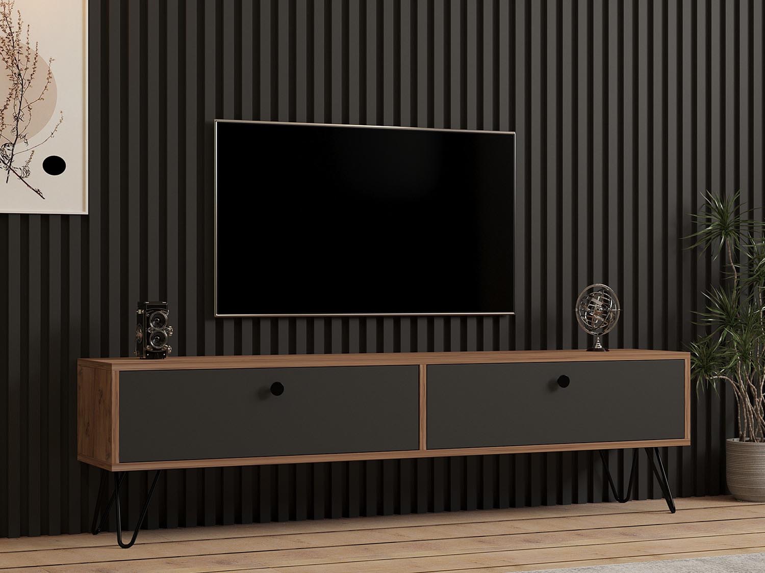 Entdecken Sie das elegante Side TV-Möbel in Atlantischer Kiefer Schwarz von Hanah Home. Stilvolles Design trifft auf praktische Funktionalität.