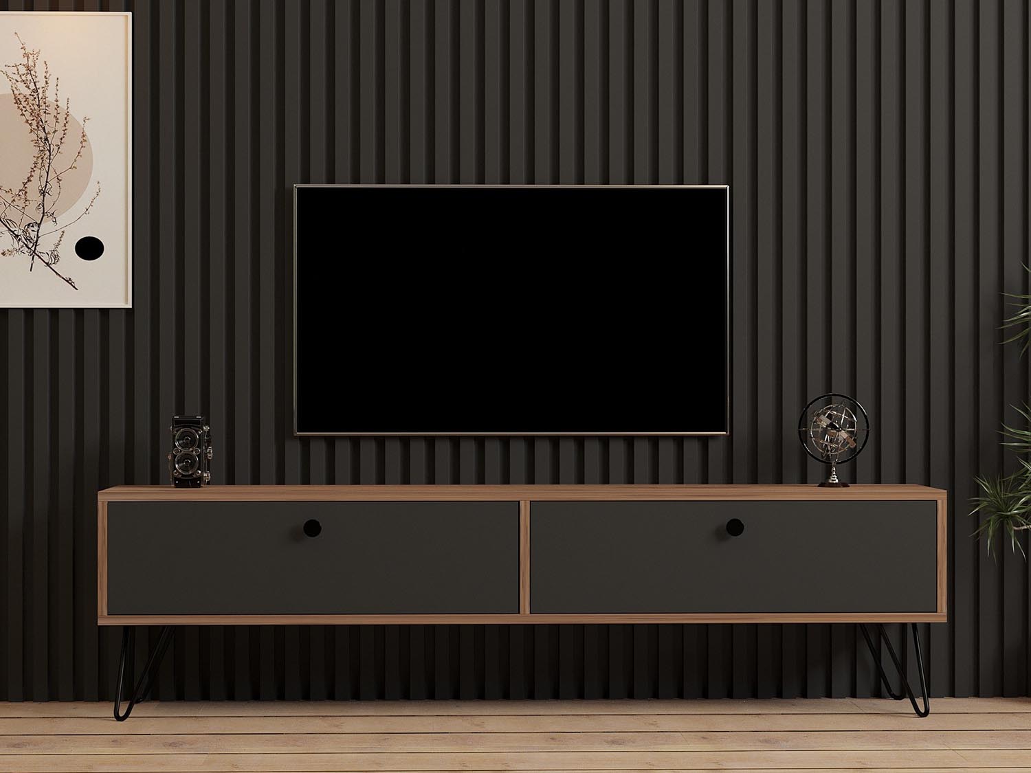 Erleben Sie das stilvolle Side TV-Möbel in Atlantischer Kiefer Schwarz von Hanah Home. Perfekte Kombination aus Eleganz und cleverem Stauraum.