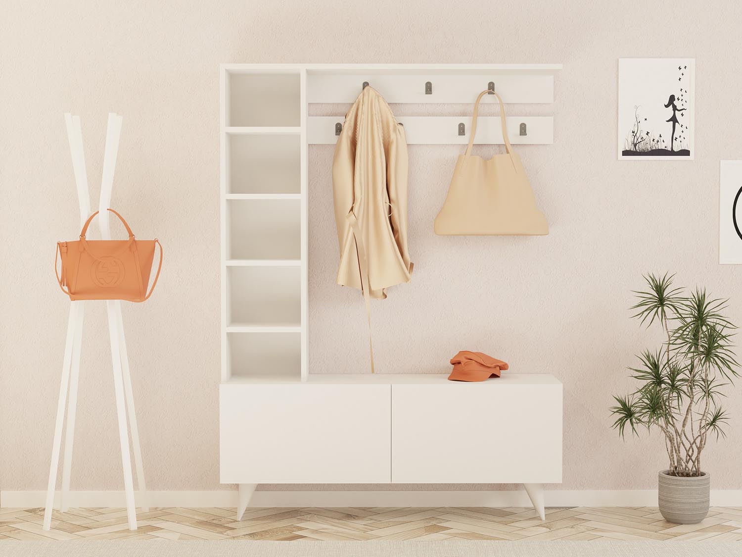 Gestalten Sie Ihren Flur mit der eleganten Bahar Garderobe in Weiß von Hanah Home. Praktisch, modern und perfekt für Ordnung!