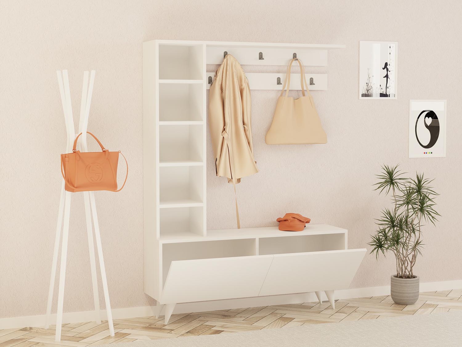 Verleihen Sie Ihrem Flur mit der Bahar Garderobe von Hanah Home in Weiß einen Hauch von Stil und Funktionalität. Ideal für Ordnung!