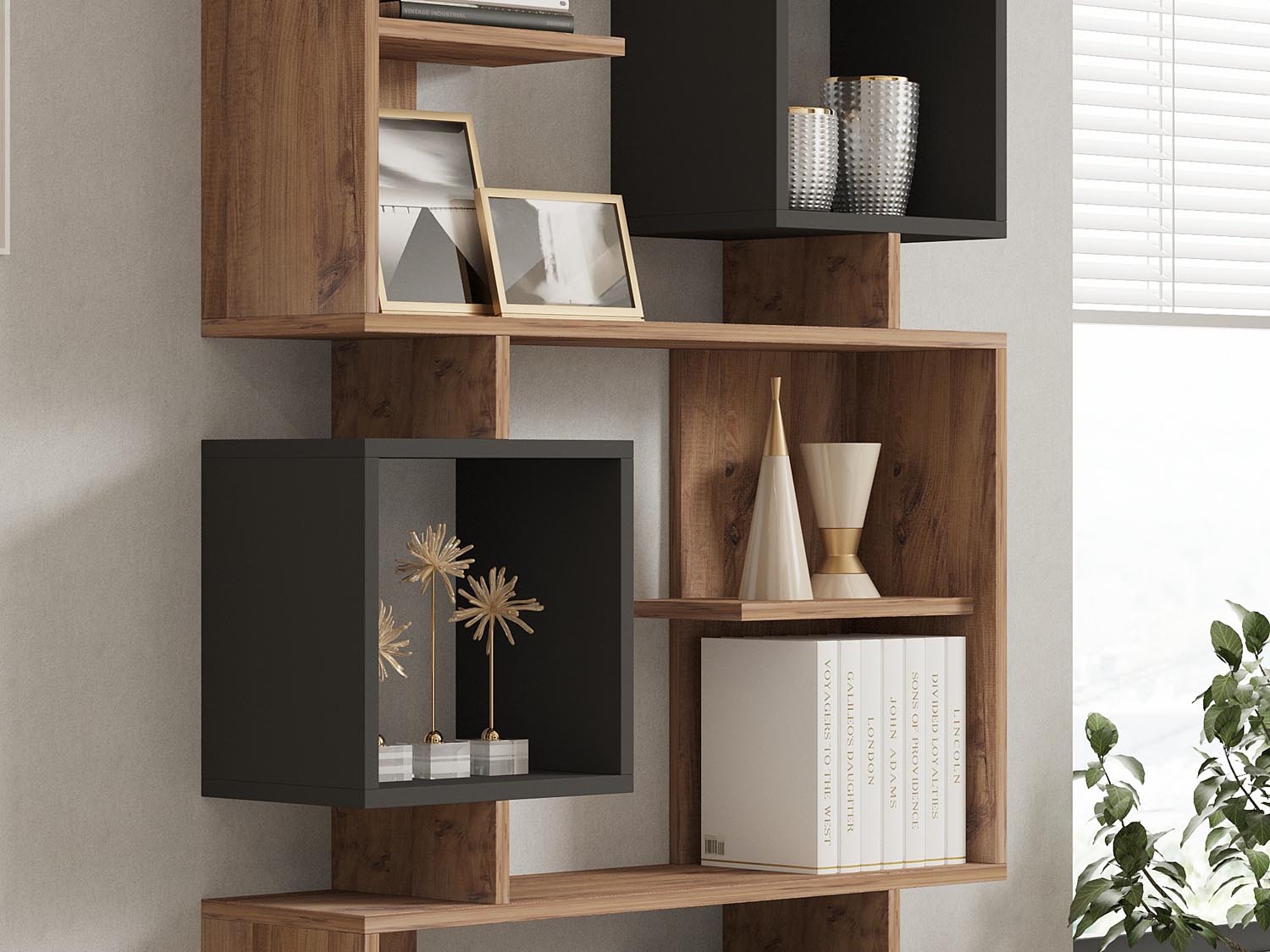 Entdecken Sie das Icardi Bücherregal von Hanah Home – eine stilvolle Kombination aus Atlantischer Kiefer und Anthrazit, ideal für jeden Raum!