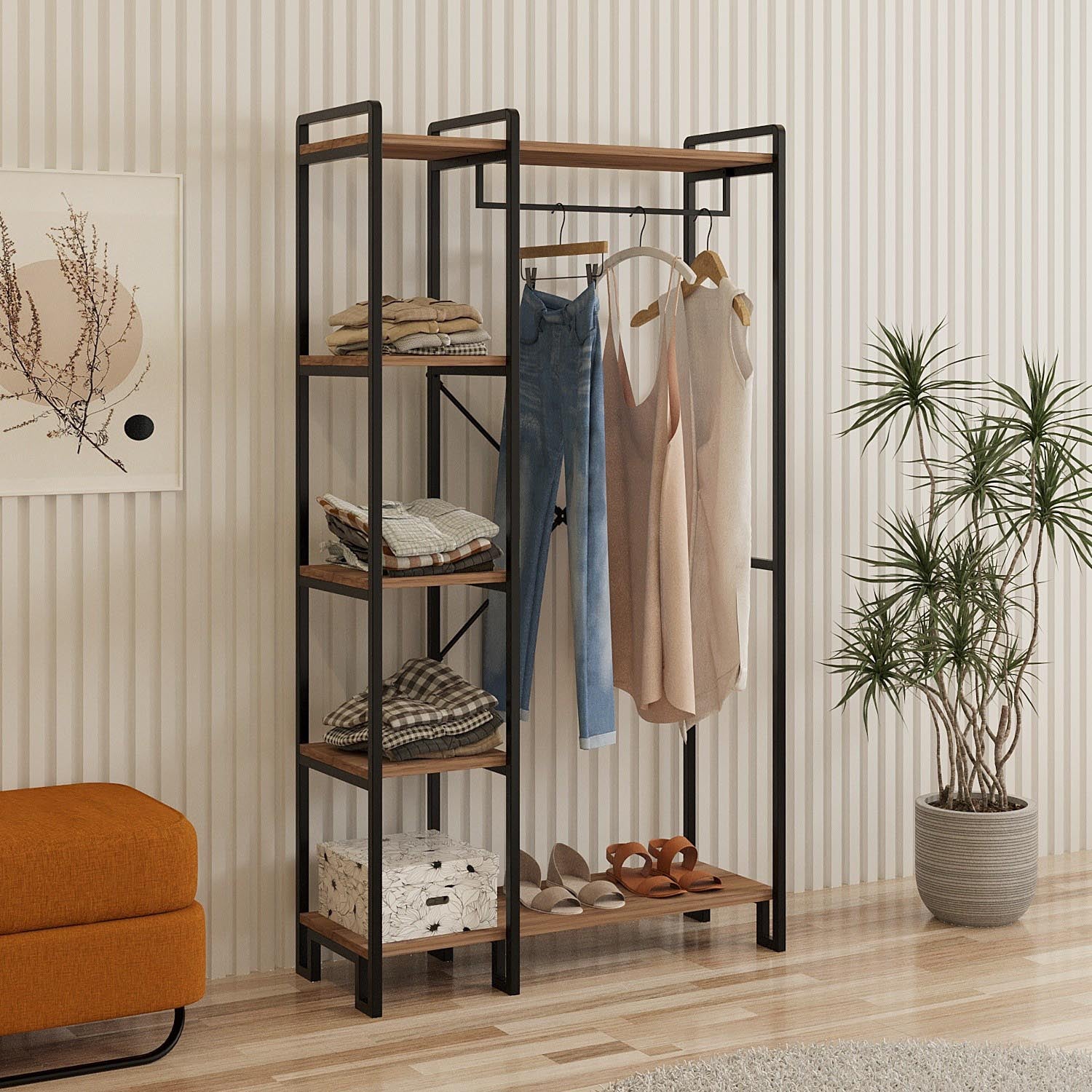 Entdecken Sie die Rex Garderobe in atlantischer Kiefer Schwarz von Hanah Home – stilvoll, funktional und perfekt für jeden Eingangsbereich.