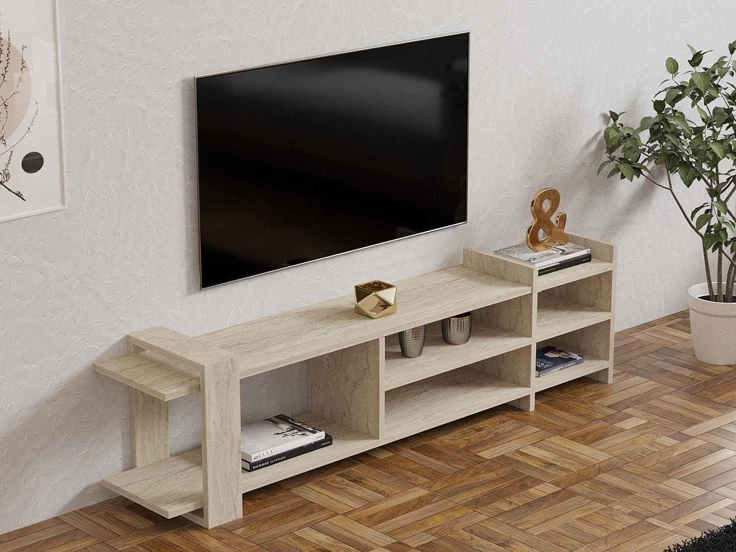 Entdecken Sie das Zeyna Sideboard von Hanah Home in edlem Travertin – ein stilvolles Möbelstück, das Eleganz und praktischen Stauraum vereint.