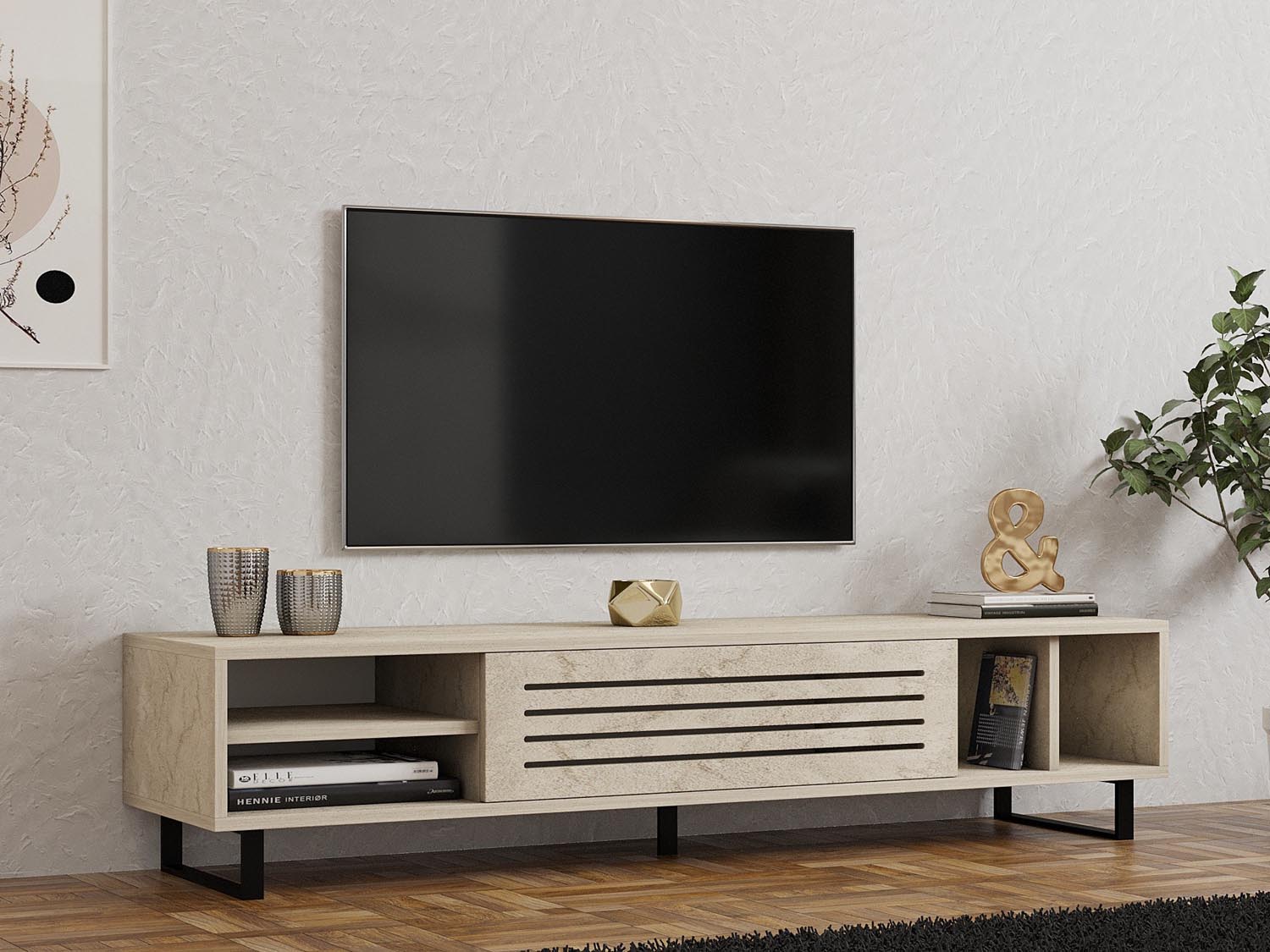 Entdecken Sie das elegante Safir Sideboard in Travertin von Hanah Home. Stilvolles Design trifft auf praktische Funktionalität für Ihr Zuhause.