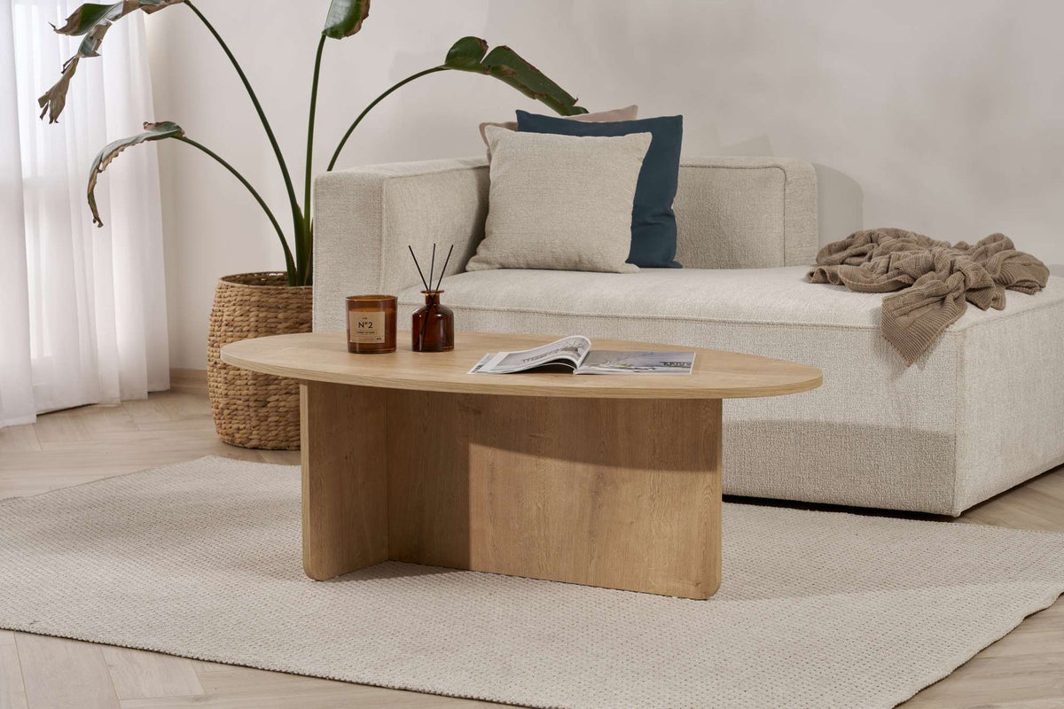 Couchtisch Orba in Eiche, rechteckige Platte aus melaminbeschichteter Spanplatte, Masse 120 x 65 x 40 cm, Hersteller Hanah Home.