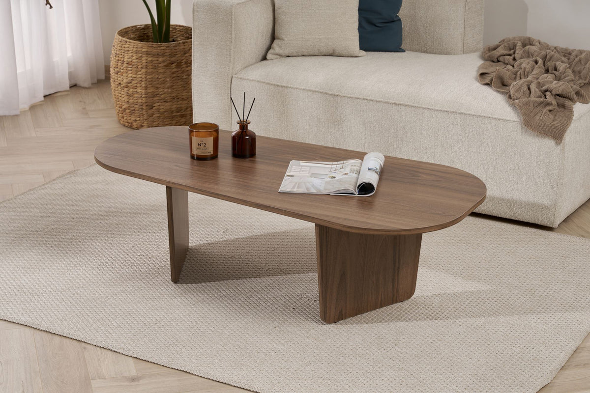 Ovaler Couchtisch in Nussbaumfarbe mit Melaminbeschichtung, Masse 130 x 65 x 40 cm, Modell Ovalis von Nordure.