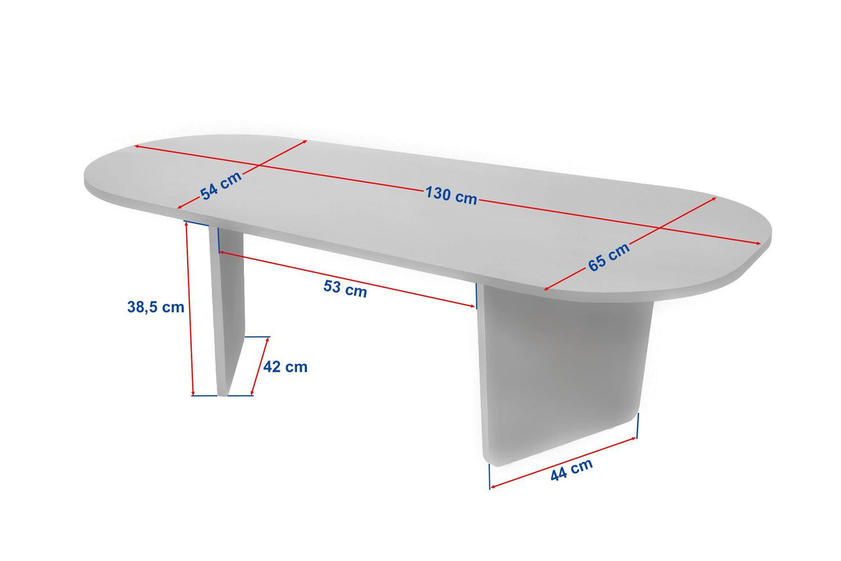 Ovaler Couchtisch aus melaminbeschichteter Spanplatte in Travertin-Optik mit Venezia-Nussbaum-Dekor, Masse 130x65x40cm.