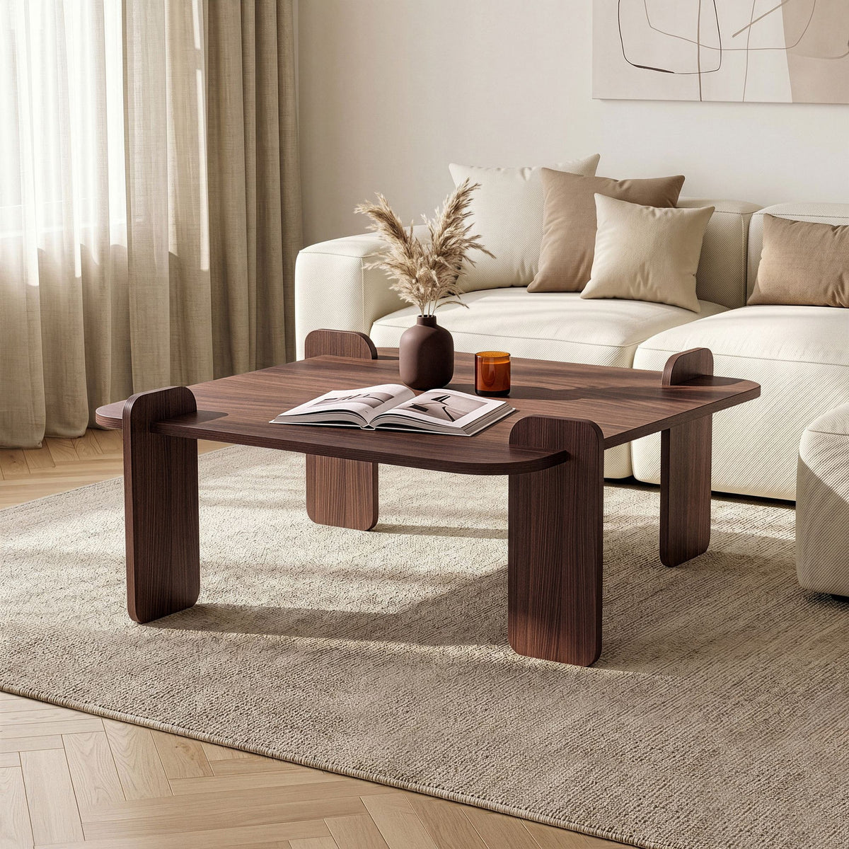 Quadratischer Couchtisch aus melaminbeschichteter Spanplatte in Nussbaum-Optik, Abmessungen 117 x 117 x 35 cm, Modell Marais von Nordure.