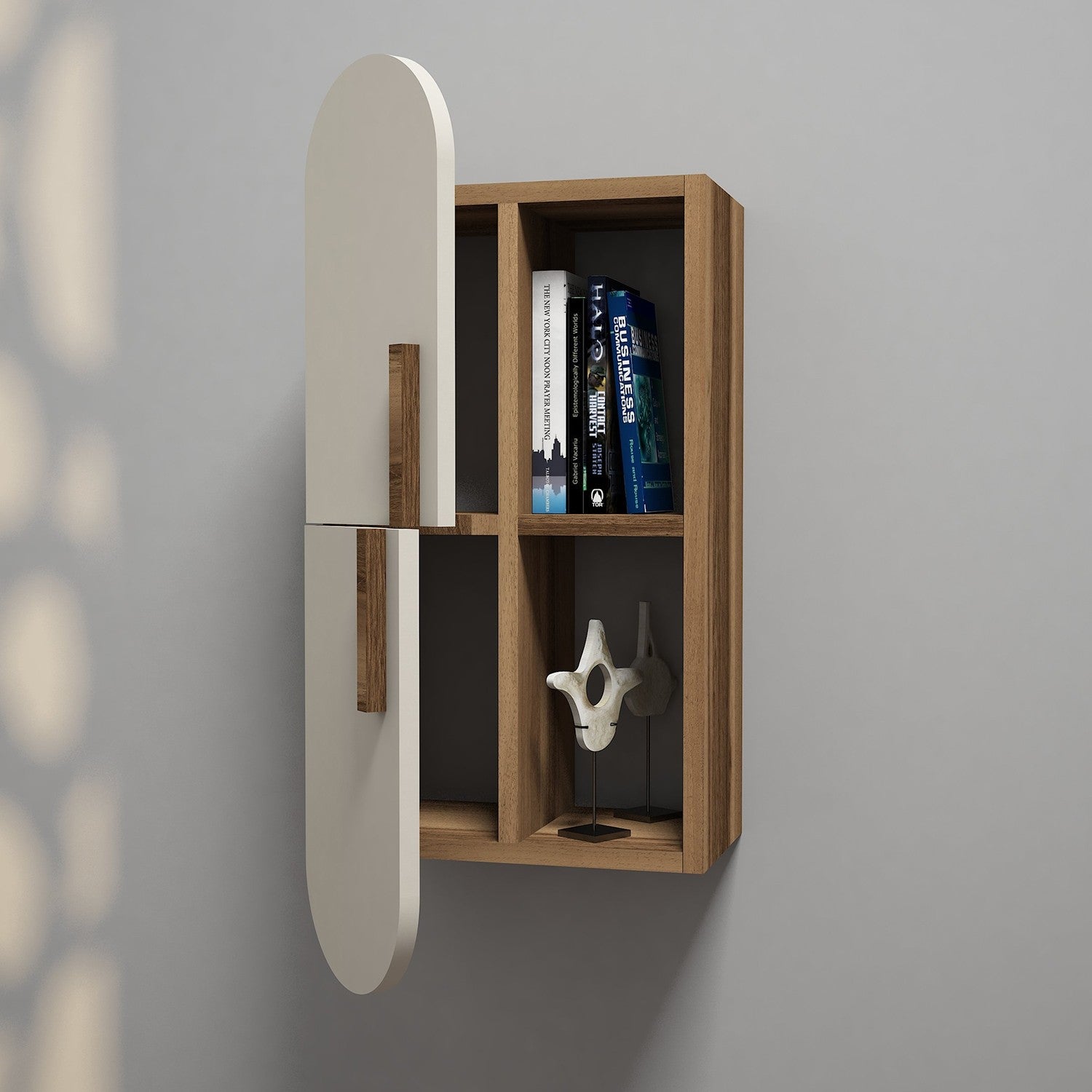 Gestalten Sie Ihr Zuhause mit dem Rose Wandregal von Hanah Home in Walnuss und Creme. Perfekt für Bücher und Deko, vereint es Stil und Funktion.