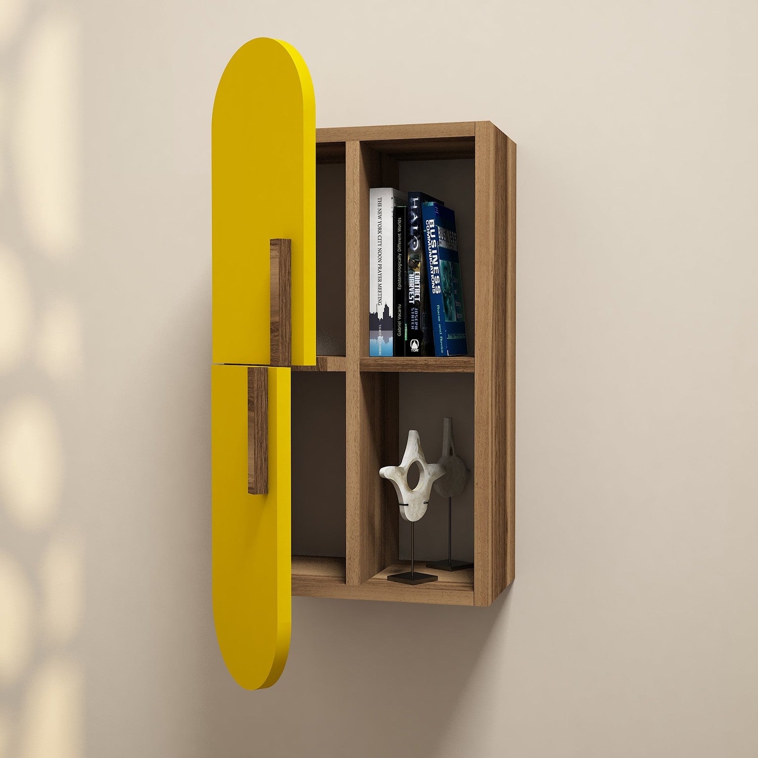 Verleihen Sie Ihrem Zuhause mit dem Wandregal "Rose - Walnut, Yellow" von Hanah Home einen Hauch von Eleganz und Kreativität. Ideal für jede Einrichtung!