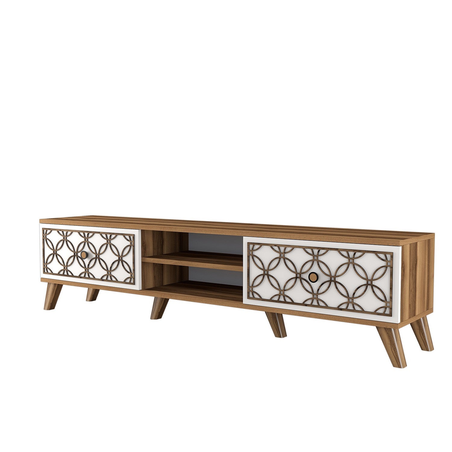 Verleihen Sie Ihrem Wohnraum mit dem Class Sideboard von Hanah Home in Walnuss und Weiß einen modernen Akzent. Elegantes Design trifft auf praktischen Stauraum.