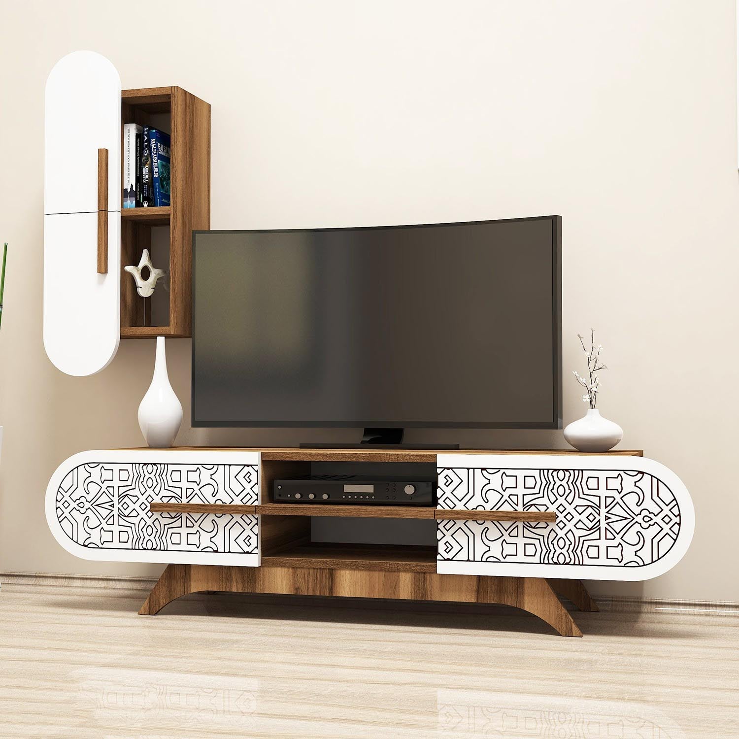 Entdecken Sie das Defne TV-Möbel in Walnuss Weiss von Hanah Home – modernes Design trifft auf Funktionalität für Ihr stilvolles Wohnzimmer.