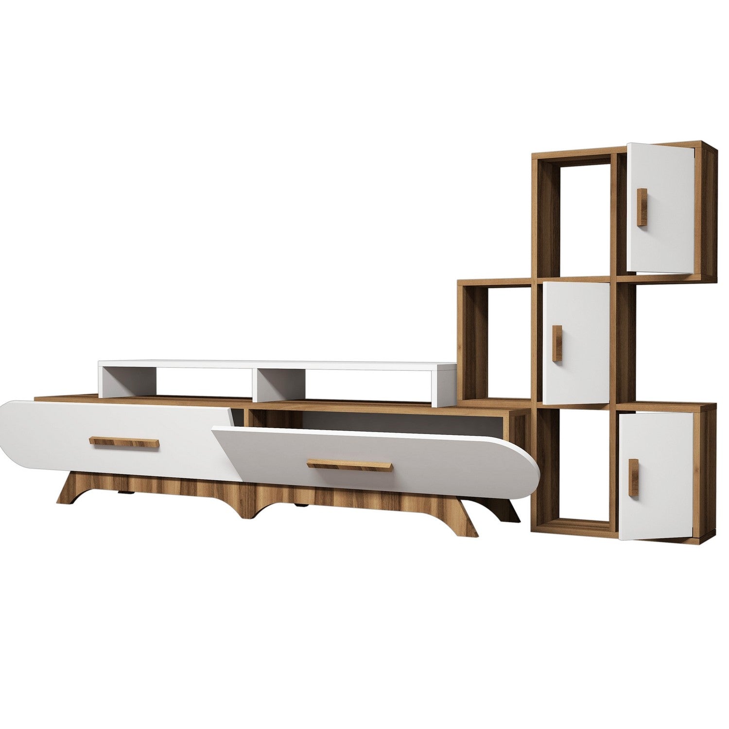 Entdecken Sie das Flora S TV-Möbel von Hanah Home in Walnuss und Weiß – eine stilvolle Kombination aus Eleganz und Funktionalität für Ihr Zuhause!