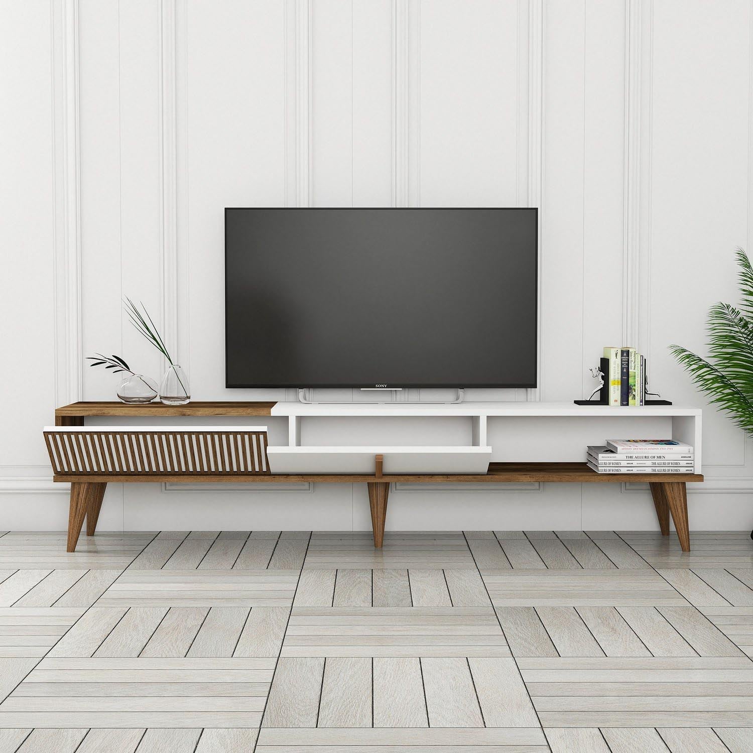 Entdecken Sie das Milan Alt Sideboard von Hanah Home in Walnuss Weiß – eine stilvolle Lösung für eleganten Stauraum und modernes Wohndesign.