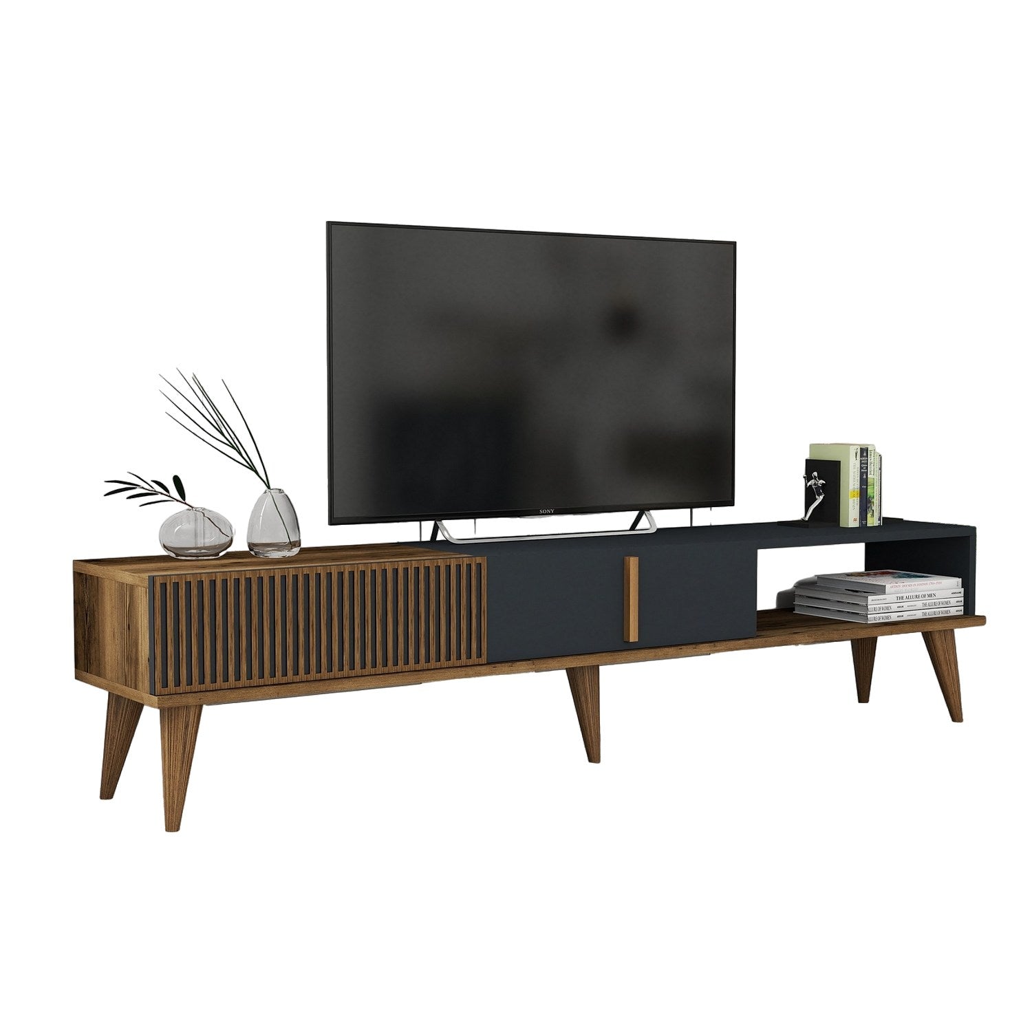 Verleihen Sie Ihrem Wohnzimmer mit dem Milan Alt Sideboard in Walnuss und Anthrazit von Hanah Home einen modernen Akzent. Funktionalität trifft auf elegantes Design!