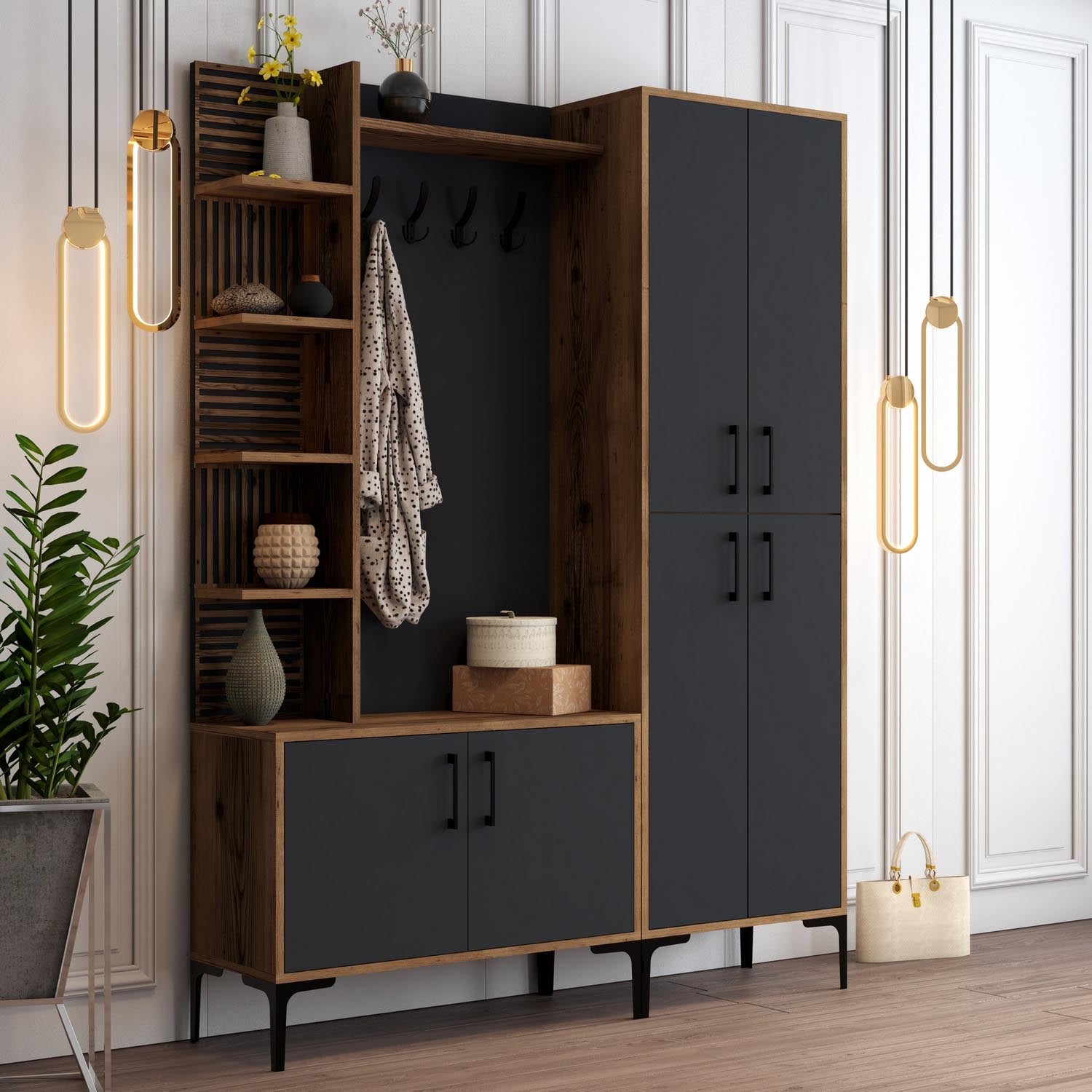 Gestalten Sie Ihren Eingangsbereich neu mit der Viyana DA Garderobe in Walnuss und Anthrazit von Hanah Home – stilvoll, funktional und platzsparend!