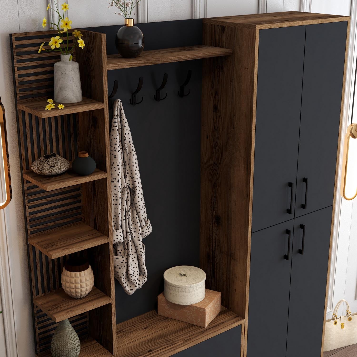 Gestalten Sie Ihren Eingangsbereich stilvoll mit der Viyana DA Garderobe in Walnuss und Anthrazit von Hanah Home – funktional und elegant zugleich!