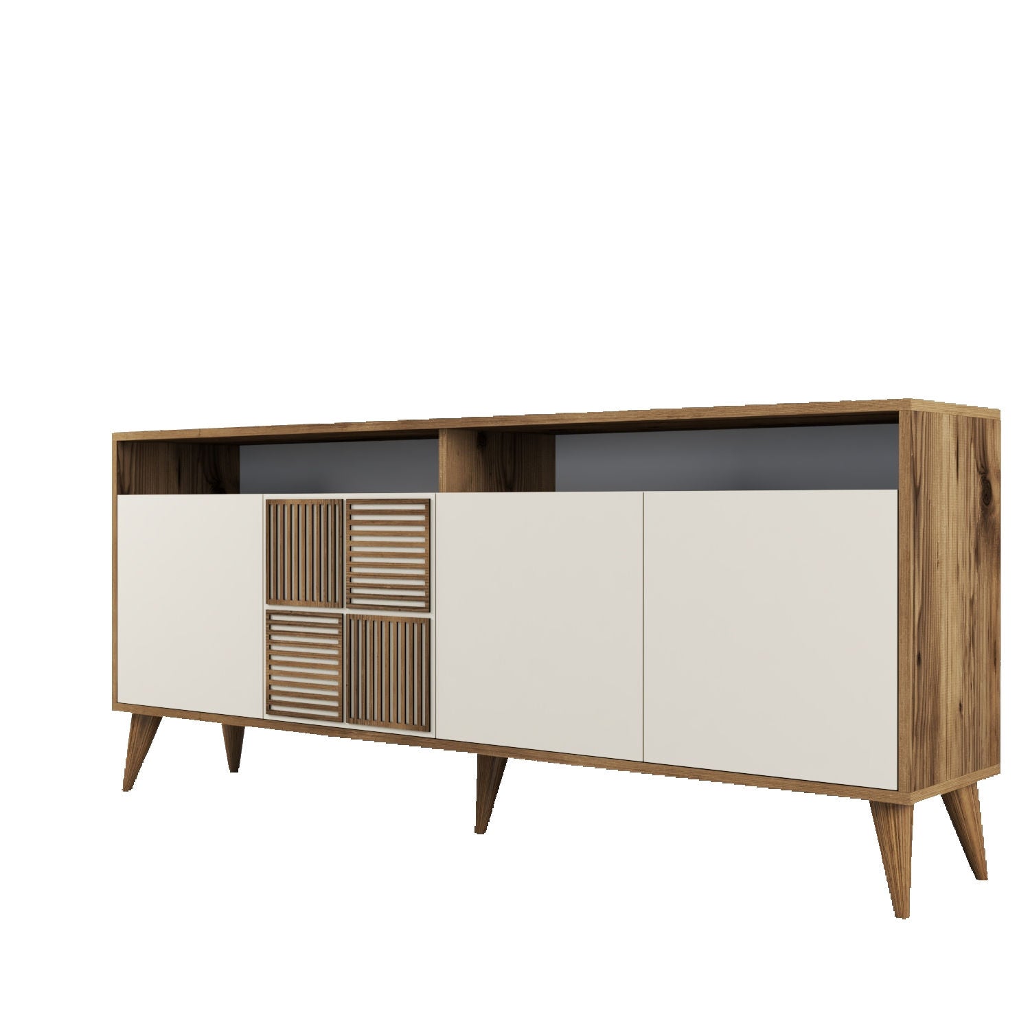 Erleben Sie das Milan High-Sideboard von Hanah Home in Walnuss und Creme – ein stilvolles Möbelstück, das Eleganz und praktische Nutzung vereint.