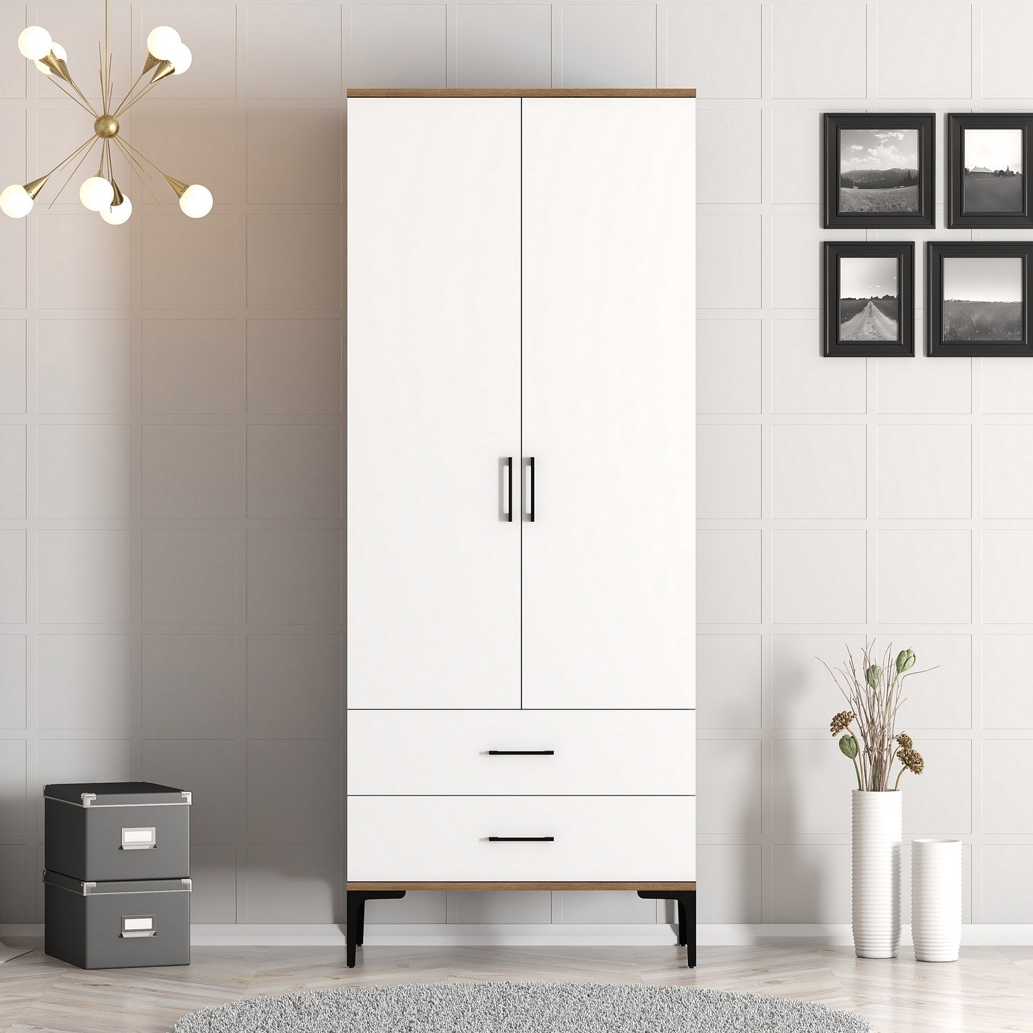 Elegante Kumsal T Garderobe in Walnuss und Weiß von Hanah Home. Stilvoller Stauraum für Ihr Schlafzimmer, robust und funktional.