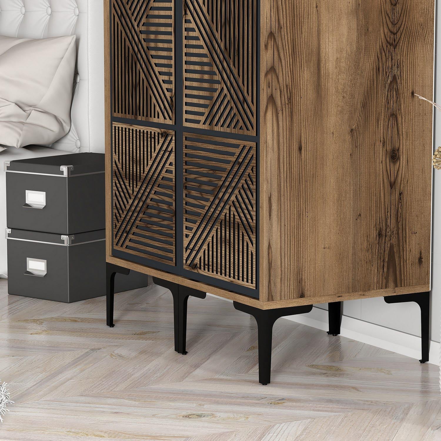 Stilvolle Kumsal PP Garderobe in Walnuss und Anthrazit von Hanah Home. Perfekt für Ordnung und Eleganz in jedem Schlafzimmer.