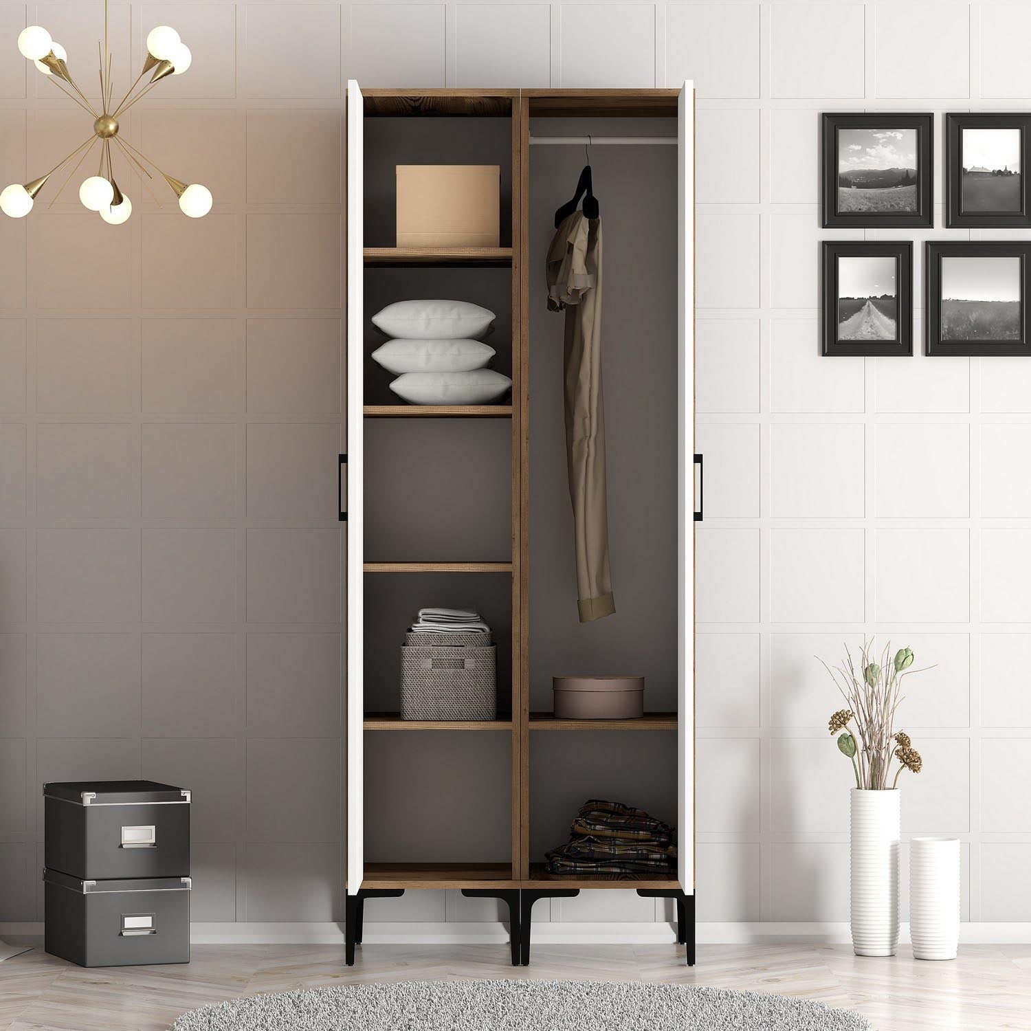 Verleihen Sie Ihrem Schlafzimmer mit der Kumsal PP Garderobe in Walnuss und Weiß von Hanah Home Eleganz und Funktionalität. Ideal für stilvolle Aufbewahrung!