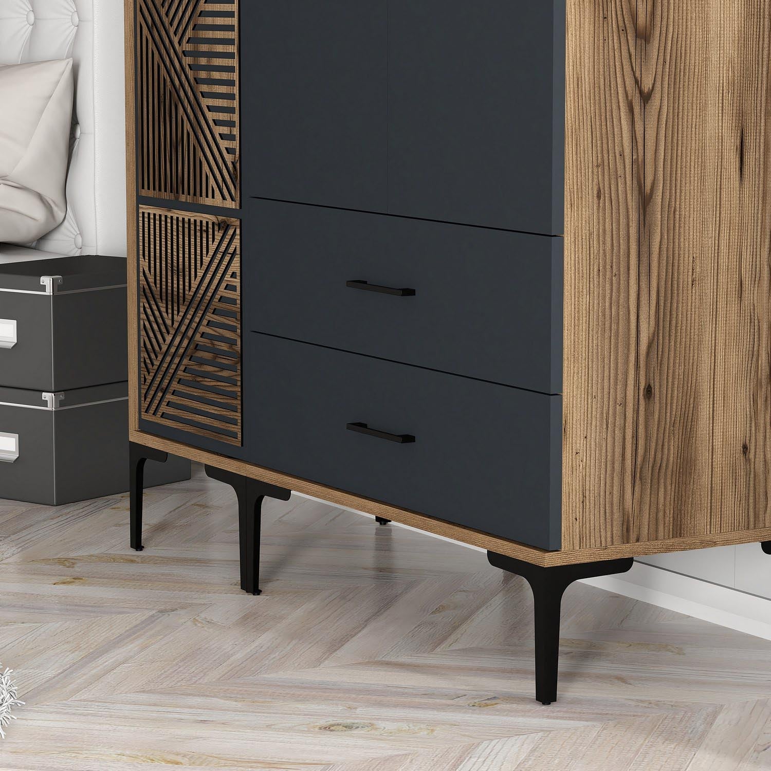 Verleihen Sie Ihrem Schlafzimmer mit der Kumsal PT Garderobe in Walnuss und Anthrazit von Hanah Home einen Hauch von Eleganz und Funktionalität!