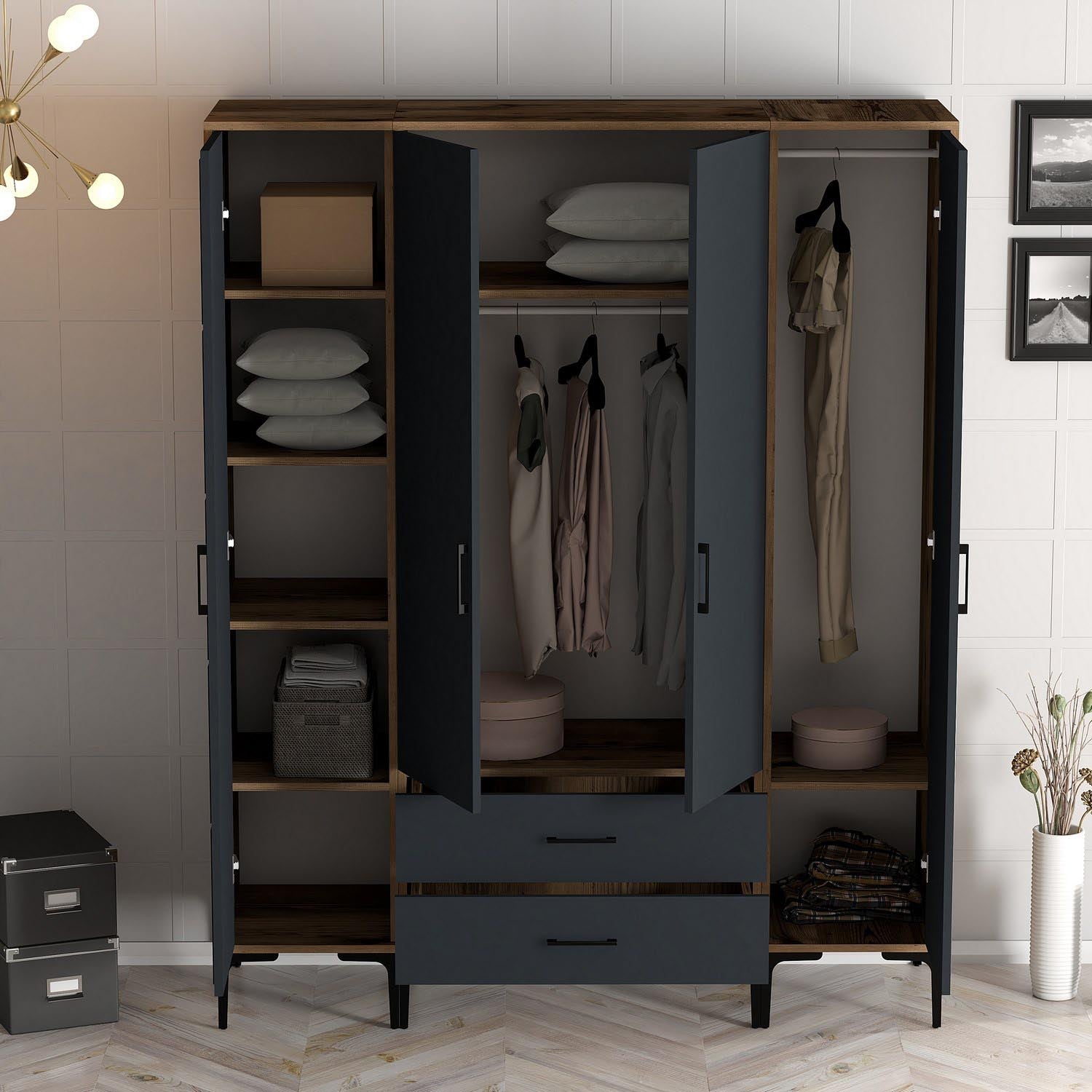 Verleihen Sie Ihrem Schlafzimmer mit der Kumsal PTP Garderobe in Walnuss und Anthrazit von Hanah Home Eleganz und praktischen Stauraum!