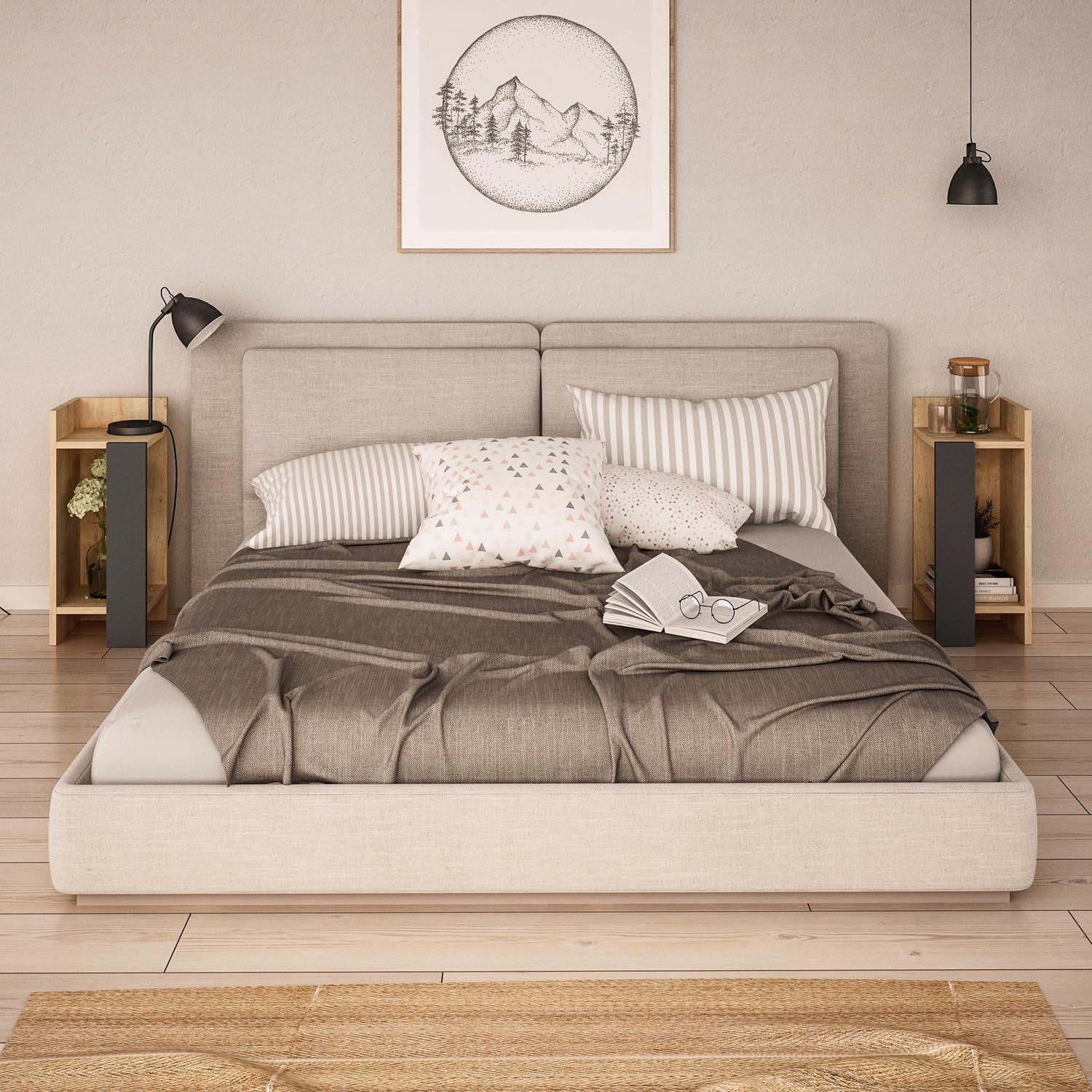 Entdecken Sie den eleganten Elos Nachttisch in Eiche und Anthrazit von Hanah Home. Stilvoll, funktional und perfekt für jedes Schlafzimmer!