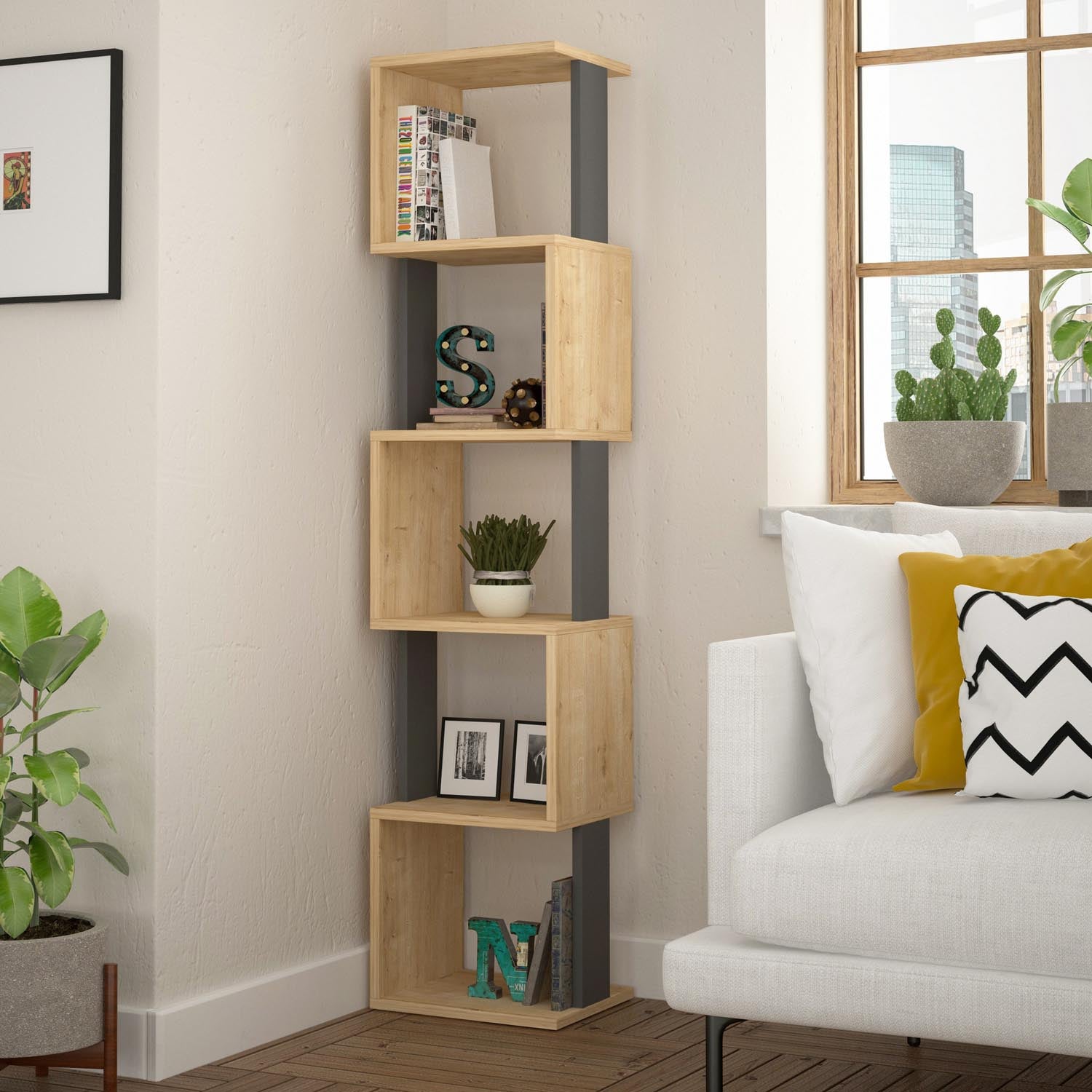 Entdecken Sie das elegante Piri Bücherregal in Sonoma Eiche und Anthrazit von Hanah Home. Ideal für stilvolle Organisation und modernen Wohnraum.