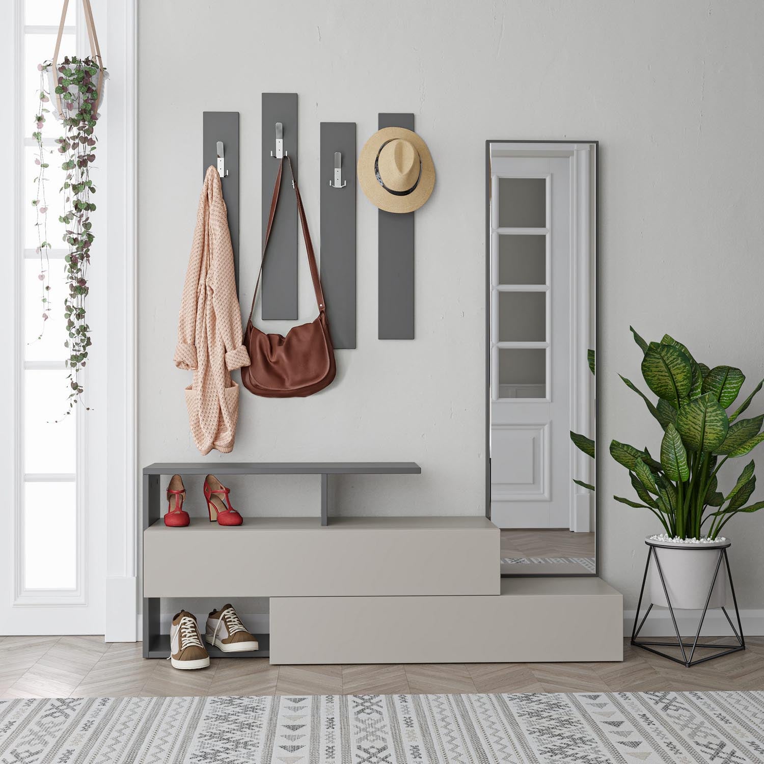 Entdecken Sie die elegante Ramda Garderobe in Licht Mocha und Anthrazit von Hanah Home. Stilvoller Stauraum für Ihren Flur!