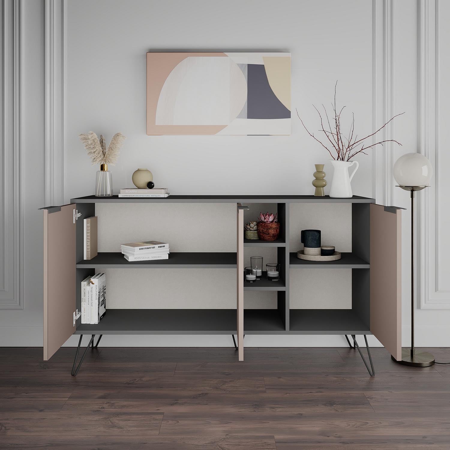 Verleihen Sie Ihrem Raum mit der Clara Console von Hanah Home in Anthrazit und Lichtbraun einen modernen Akzent. Stilvolles Design trifft auf funktionalen Stauraum.