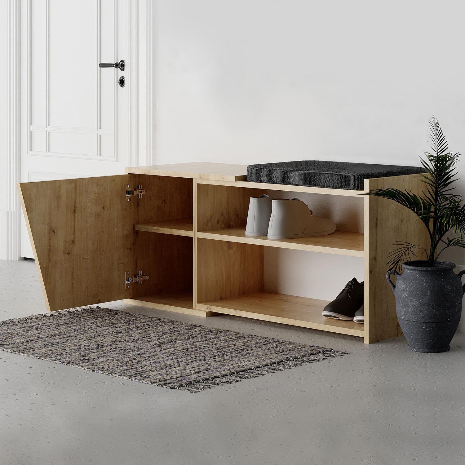 Entdecken Sie den Fiona Schuhschrank in Eiche von Hanah Home – die perfekte Kombination aus böhmischem Stil und funktionaler Schuhaufbewahrung.