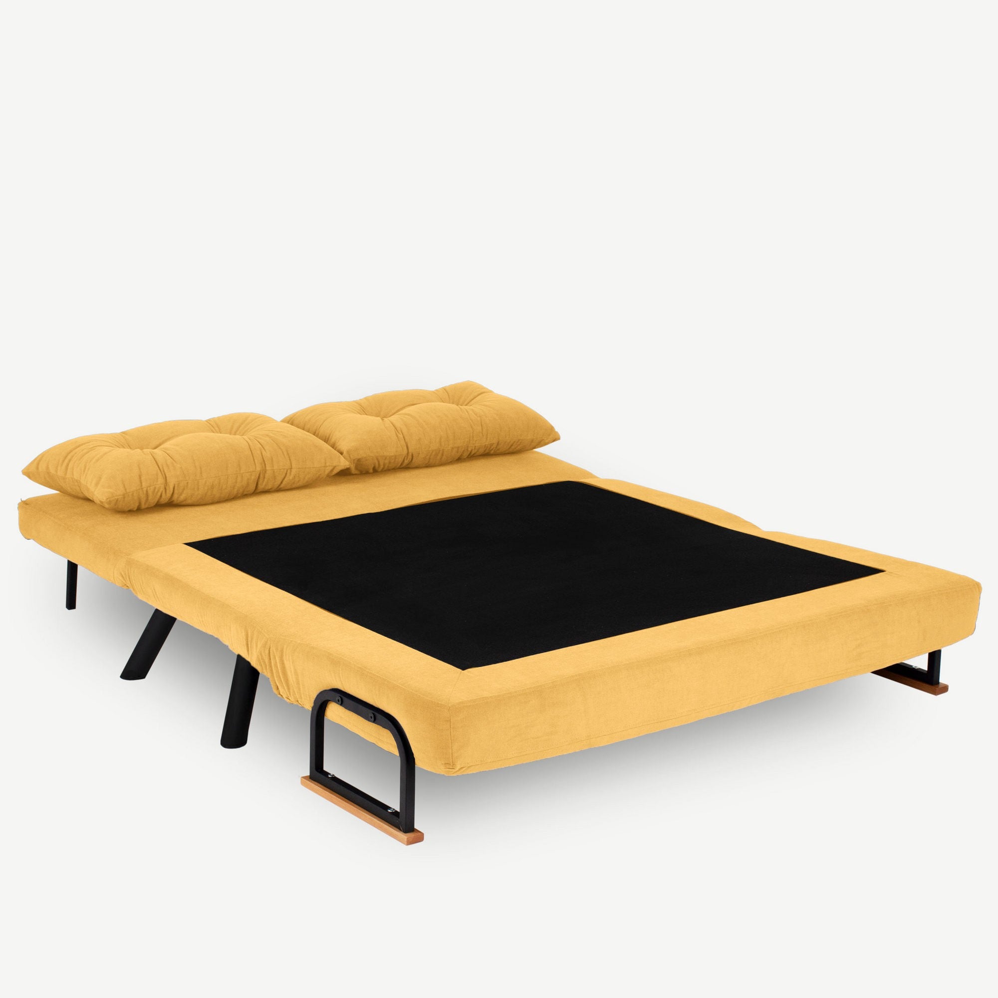Erleben Sie das Sando 2-Sitzer Schlafsofa in stilvollem Senfgelb. Perfekt für kleine Räume, bietet es Komfort und eine elegante Umwandlung in ein Bett.