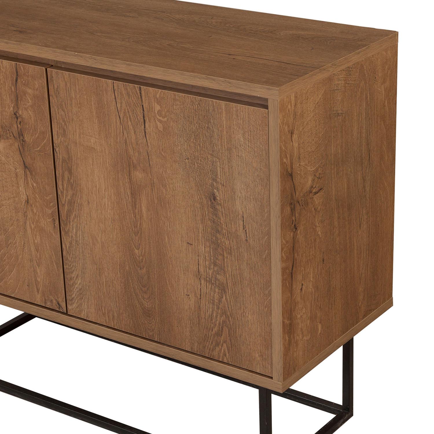 Entdecken Sie das Zuri High-Sideboard von Hanah Home – modernes Design in Walnuss und Schwarz, ideal für stilvolle Aufbewahrung und Raumgestaltung.