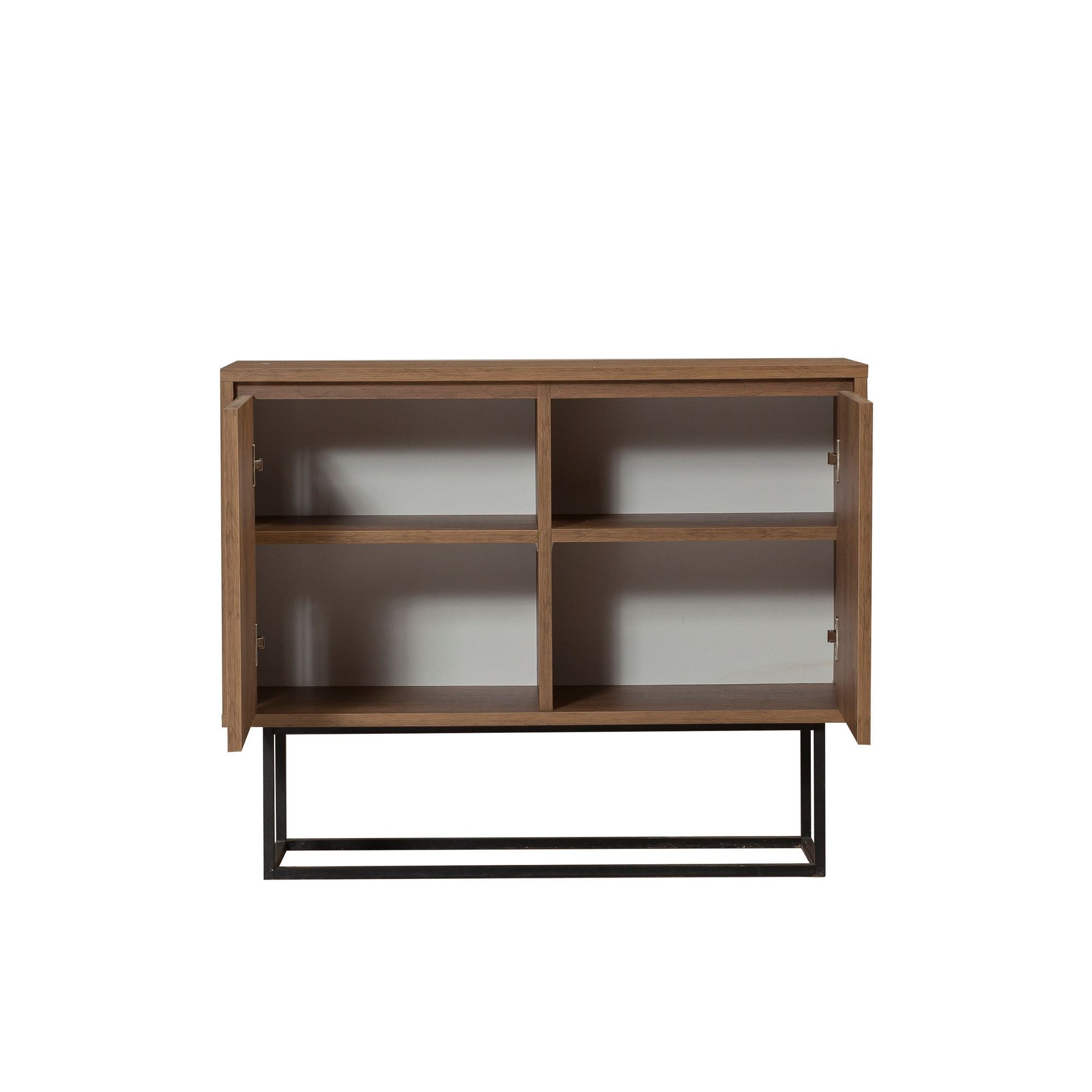 Entdecken Sie das Zuri High-Sideboard von Hanah Home – modernes Design in Walnuss und Schwarz, ideal für stilvolle Aufbewahrung und Dekoration.