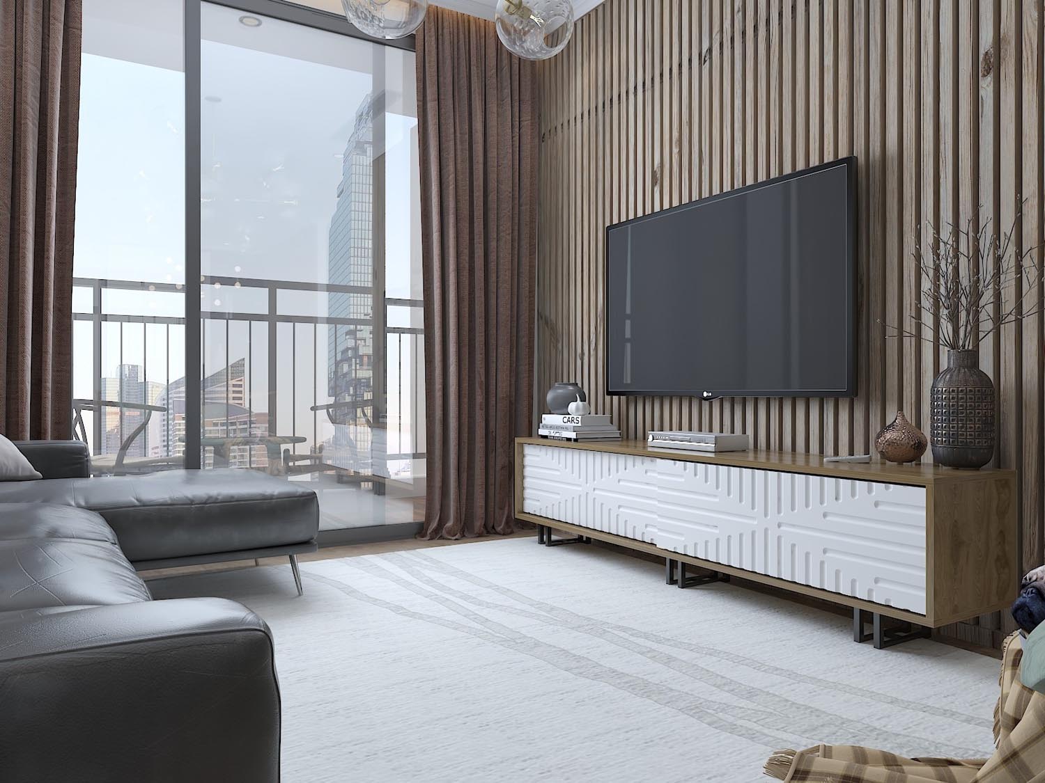 Verleihen Sie Ihrem Wohnraum mit dem Askal Sideboard in Eiche Weiss von Hanah Home einen modernen Akzent. Stilvolles Design und praktischer Stauraum vereinen sich hier.