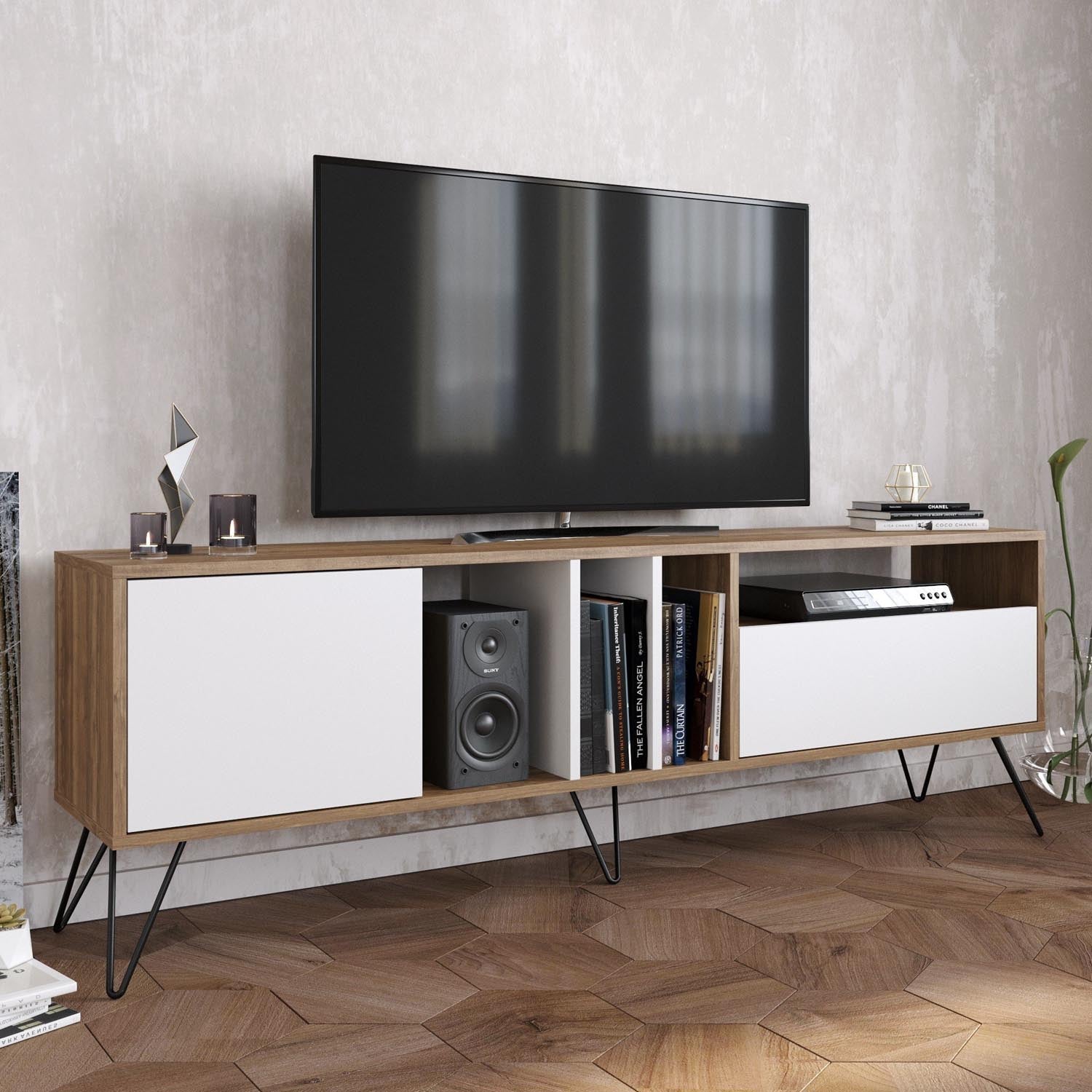 Entdecken Sie das elegante Mistico (180) Sideboard in Walnuss Schwarz Weiss von Hanah Home – stilvoll, funktional und perfekt für Ihr Zuhause!