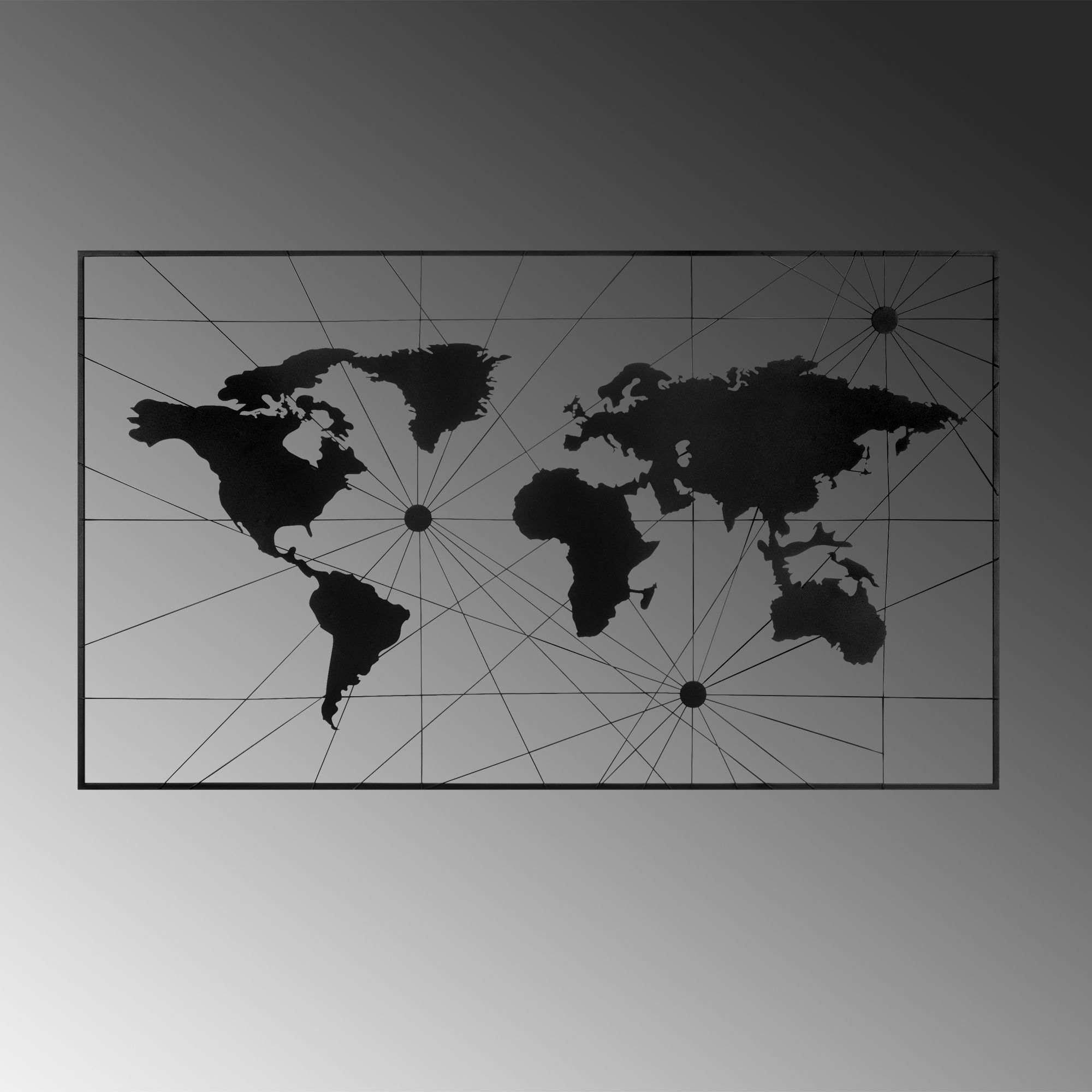 Verleihen Sie Ihrem Raum mit der World Map 16 von Wallity einen Hauch von Eleganz! Dieses schwarze Metall-Wandaccessoire ist ein stilvolles Kunstwerk.