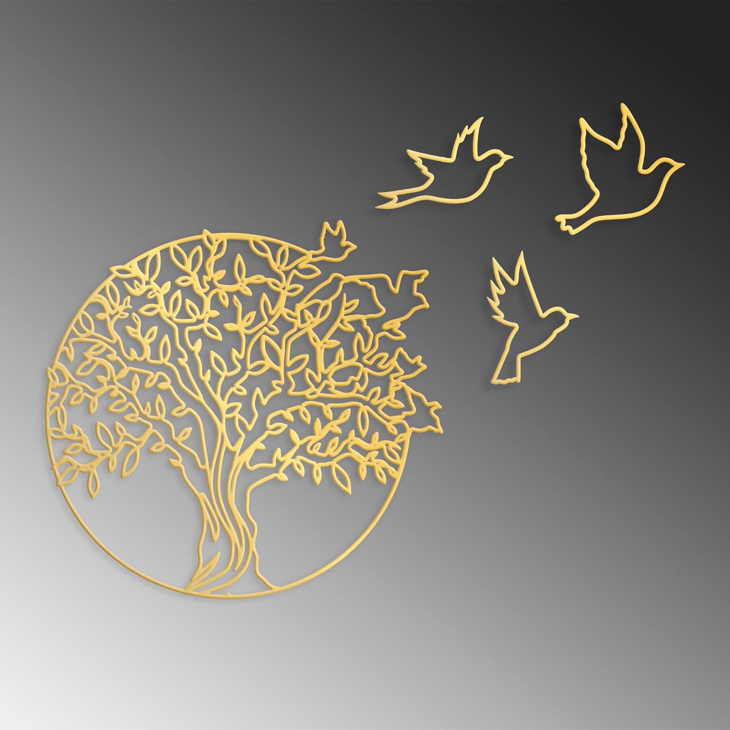 Verleihen Sie Ihrem Raum mit der exquisiten Tree And Birds Wanddeko in Gold von Wallity einen stilvollen Akzent. Perfekt für Wohnzimmer, Schlafzimmer und Büros!