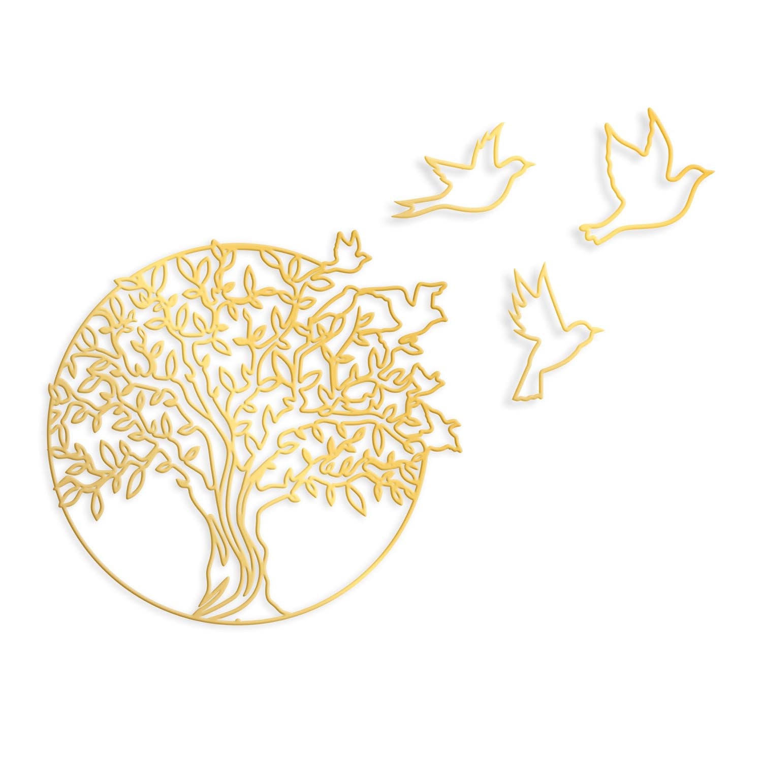 Verleihen Sie Ihrem Raum mit der eleganten Tree And Birds Wanddeko in Gold von Wallity einen Hauch von Luxus. Ideal für jedes Zuhause!